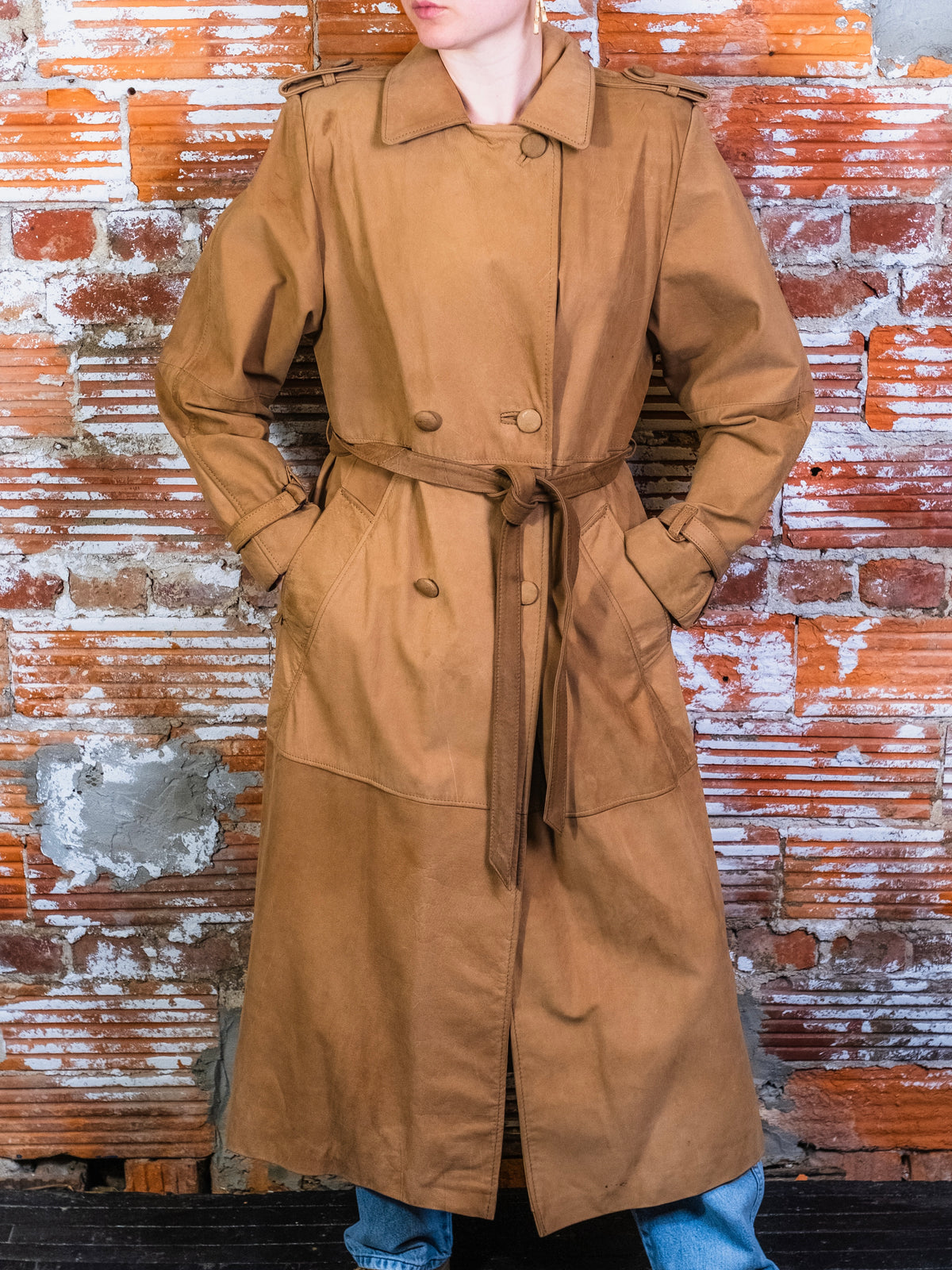 Vintage Comint Tan Suede Leather Belted Trench Coat | Small