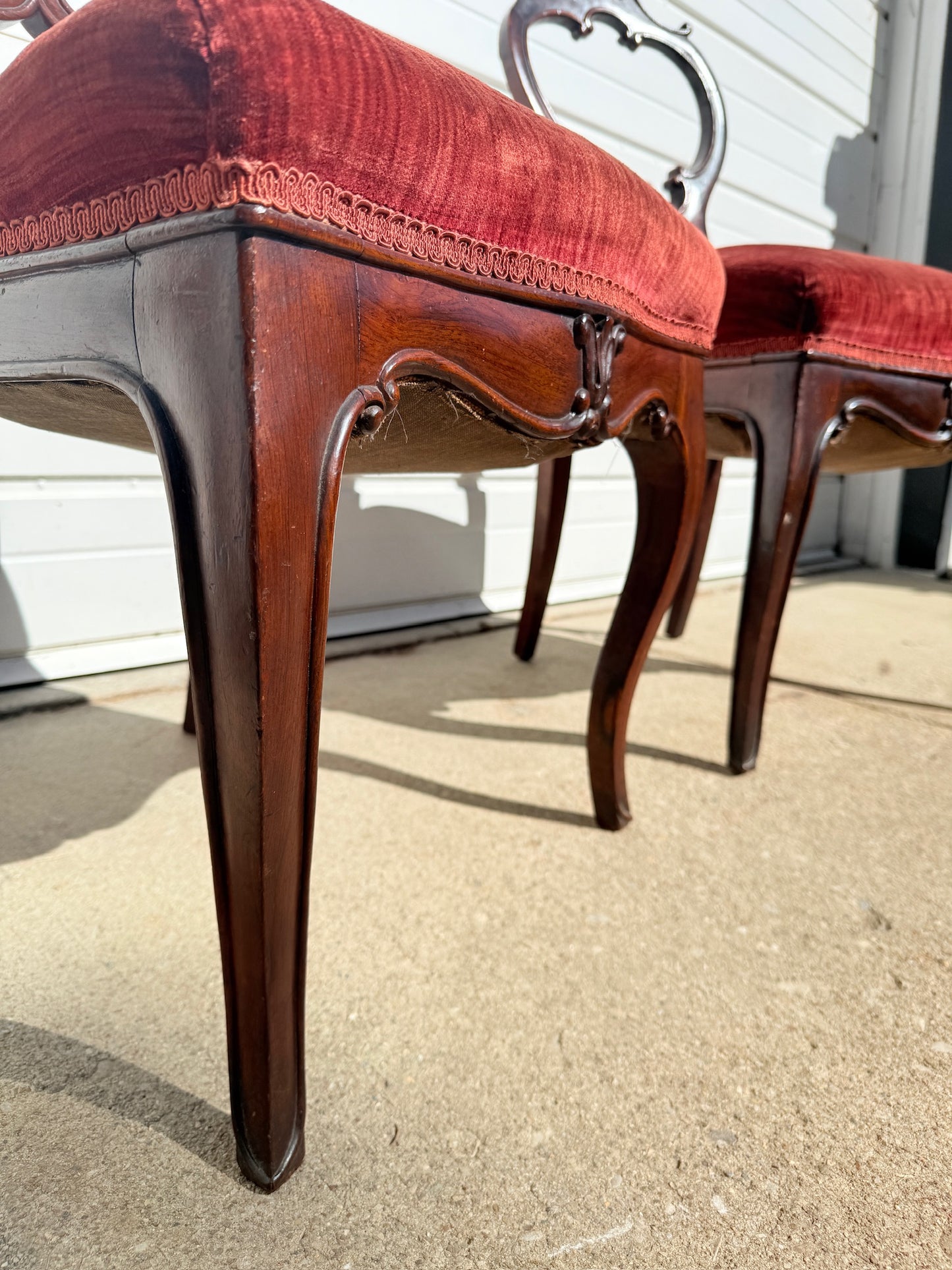 Antique 1900s Red Velvet Carved Rosewood Balloon Back Chairs | Set of 2