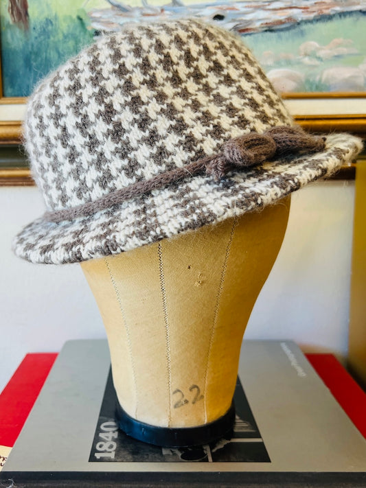 Vintage Neutral Houndstooth Wool Blend Knit Hat