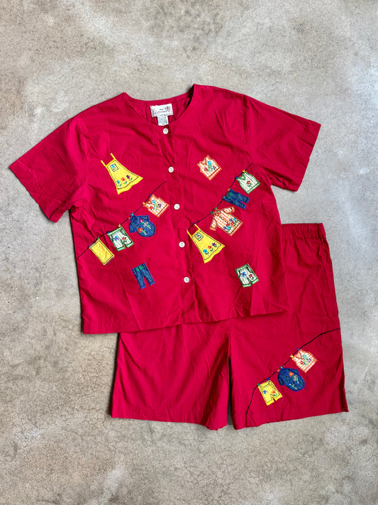 Vintage 1980s New Directions Red Embroidered Two-Piece Summer Set | Medium