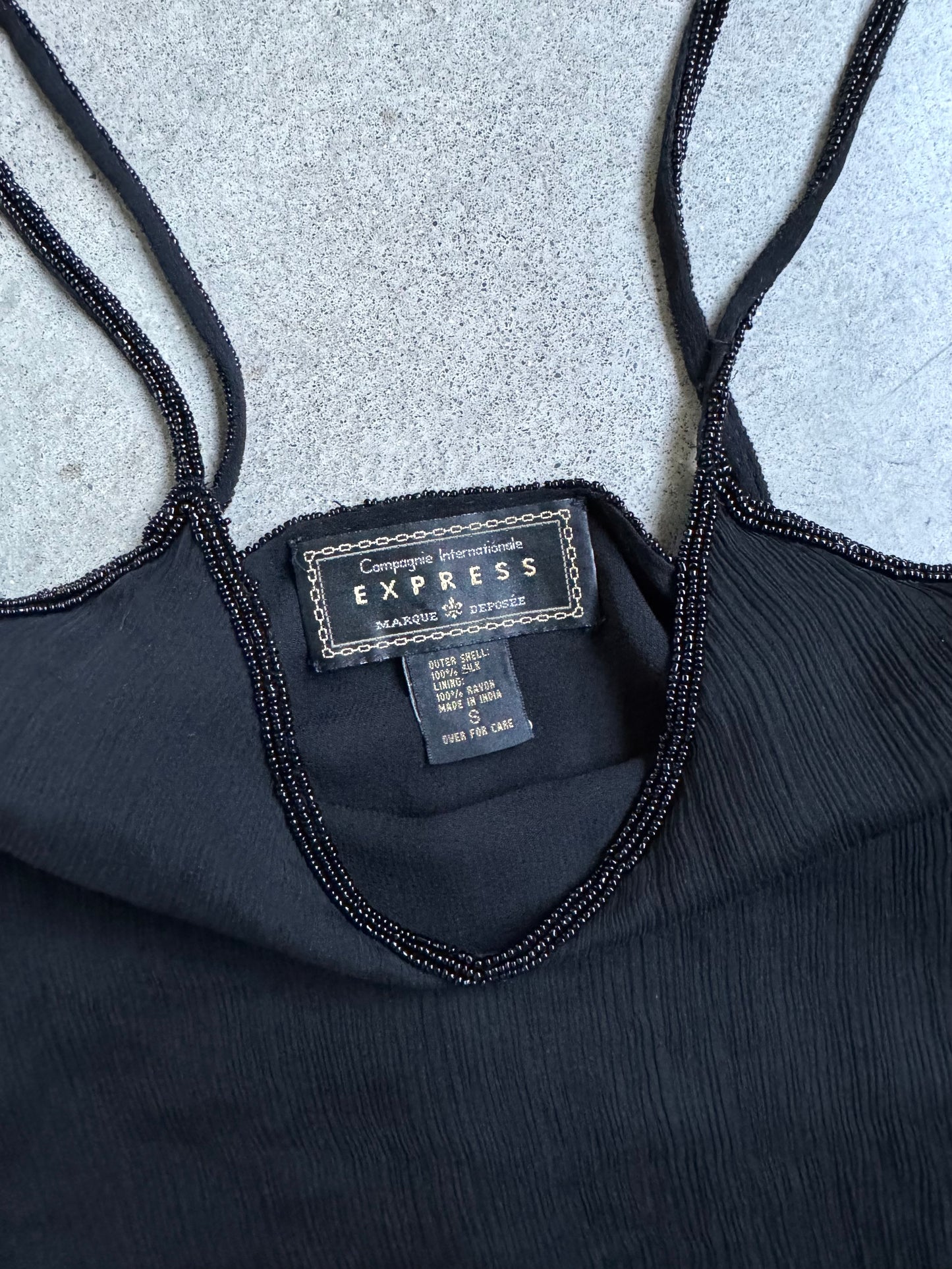 Vintage 1990s Express Black Beaded Trim Silk Tank Top | Small