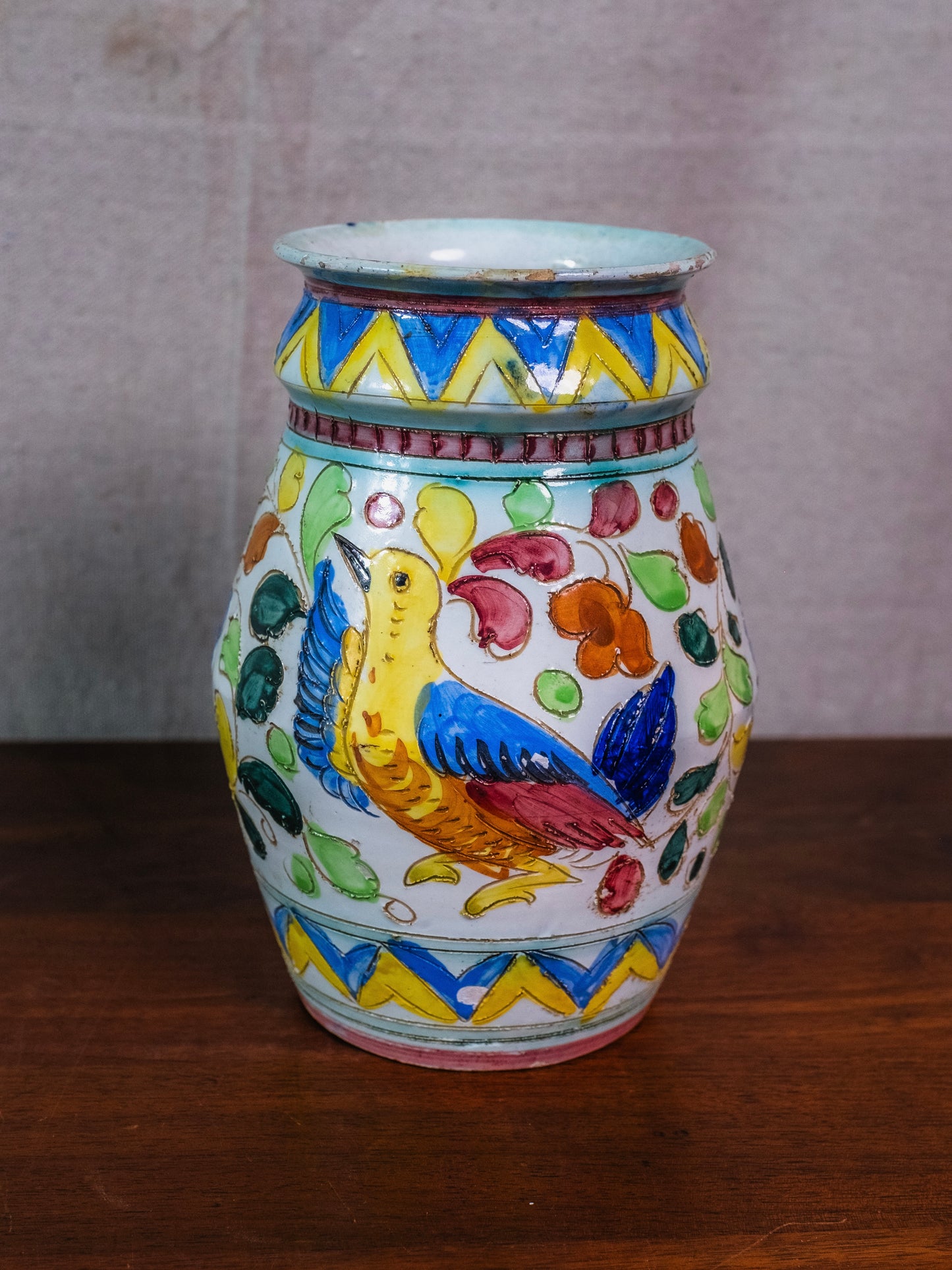 Vintage Italian Ceramic Majolica Floral Painted Vase