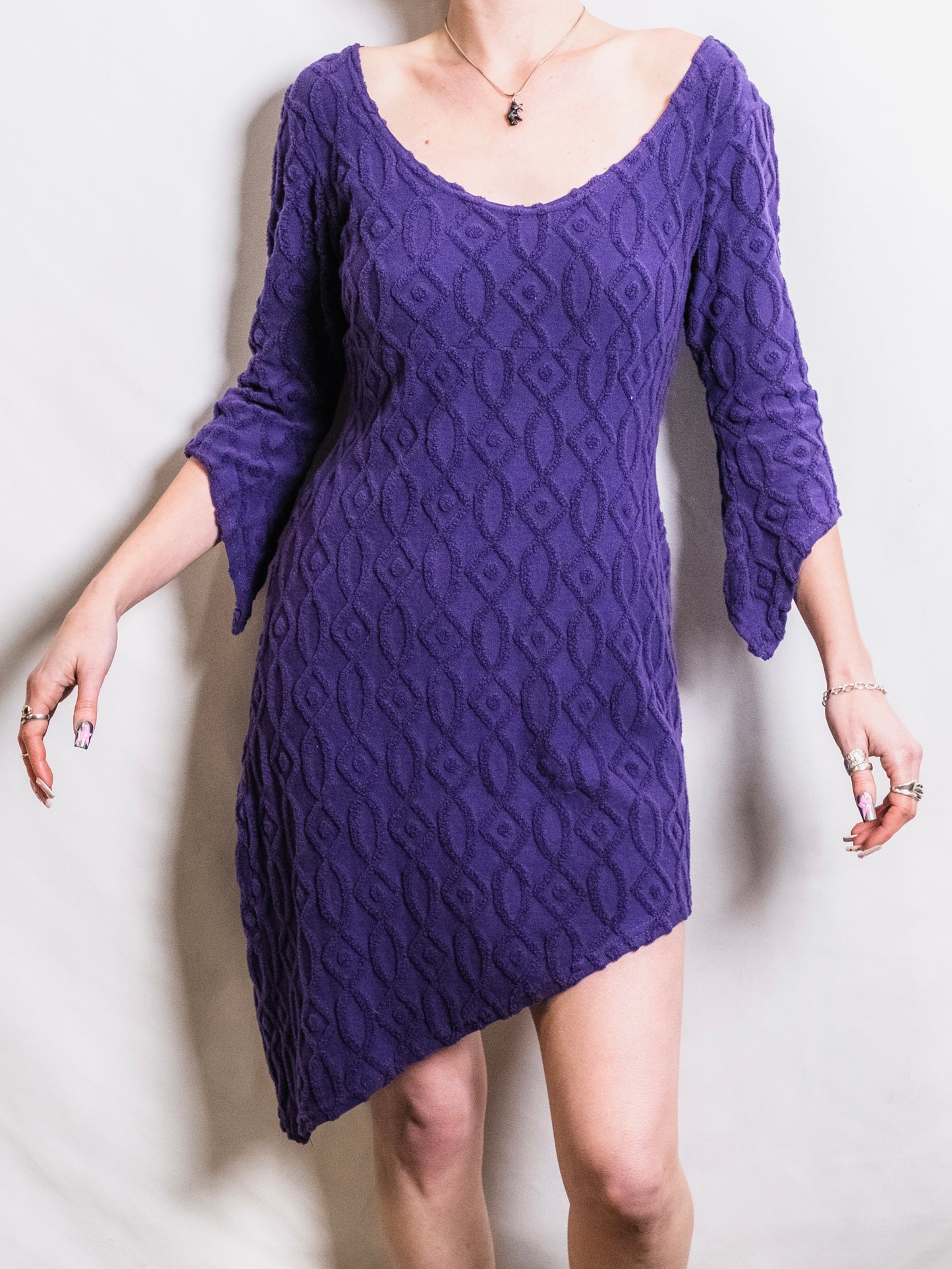 Vintage 1980s Tripp NYC Purple Textured Knit Asymmetric Dress | Medium