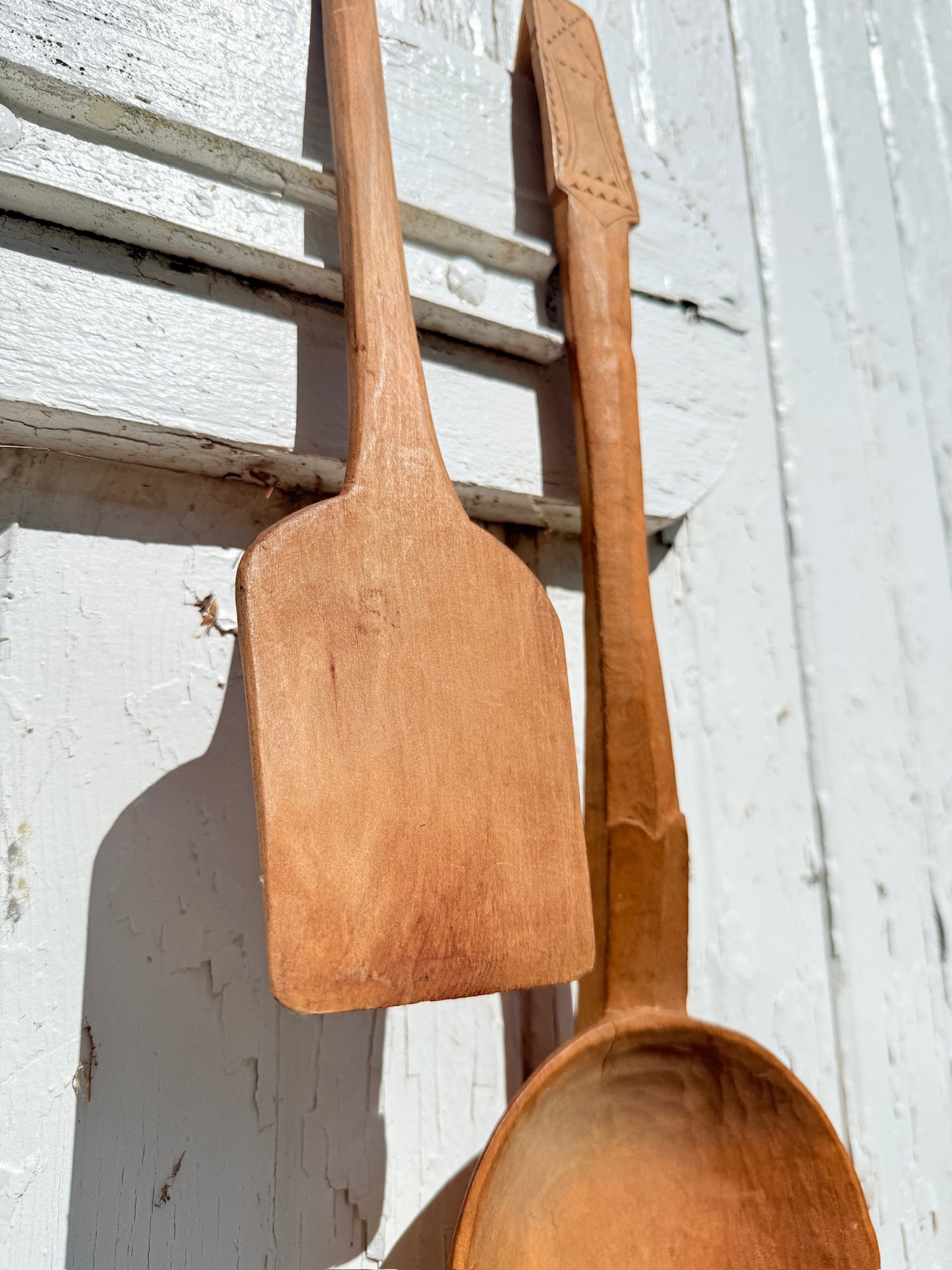 Antique Wood-Carved Folk Art Ladle & Spatula Set