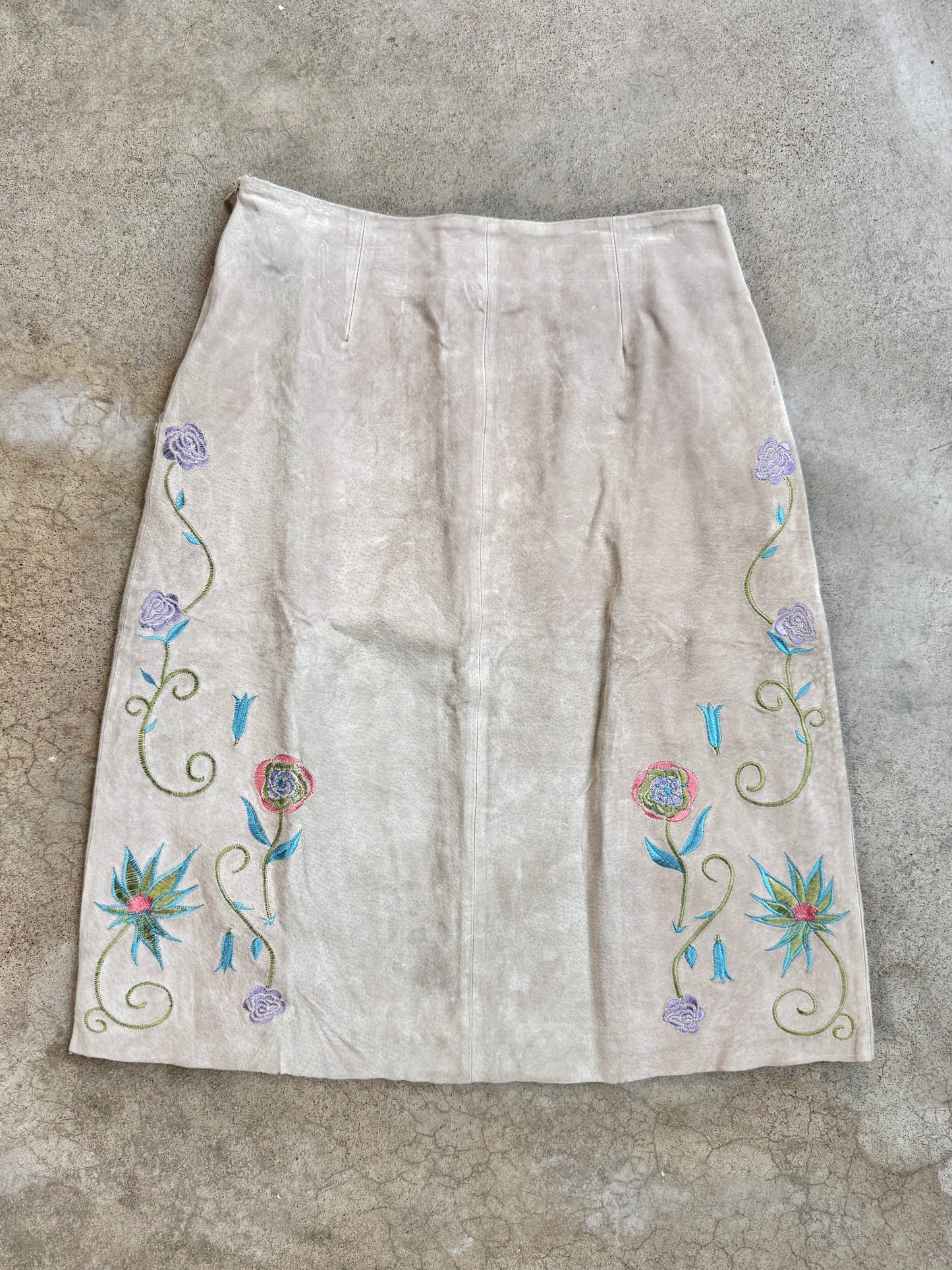 Vintage 1990s Randolph Duke Floral Embroidered Suede Leather Skirt | Waist 27”