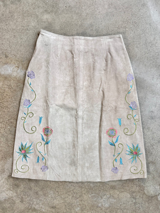 Vintage 1990s Randolph Duke Floral Embroidered Suede Leather Skirt | Waist 27”