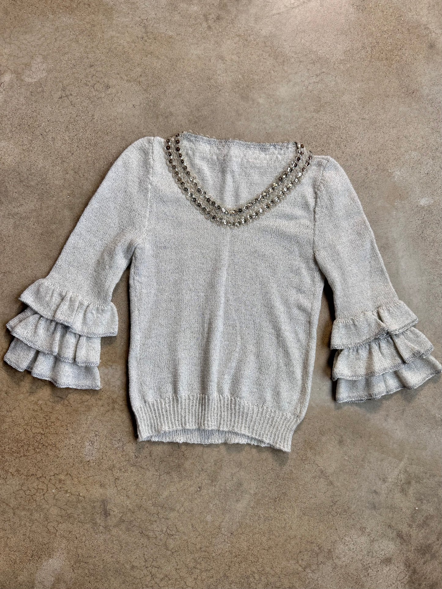 Vintage 1960s Silver Metallic Knit Ruffled Bell Sleeve Sweater | XS