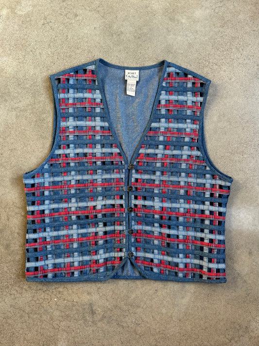 Vintage 1990s Koret City Blues Denim Lattice Woven Vest | Large