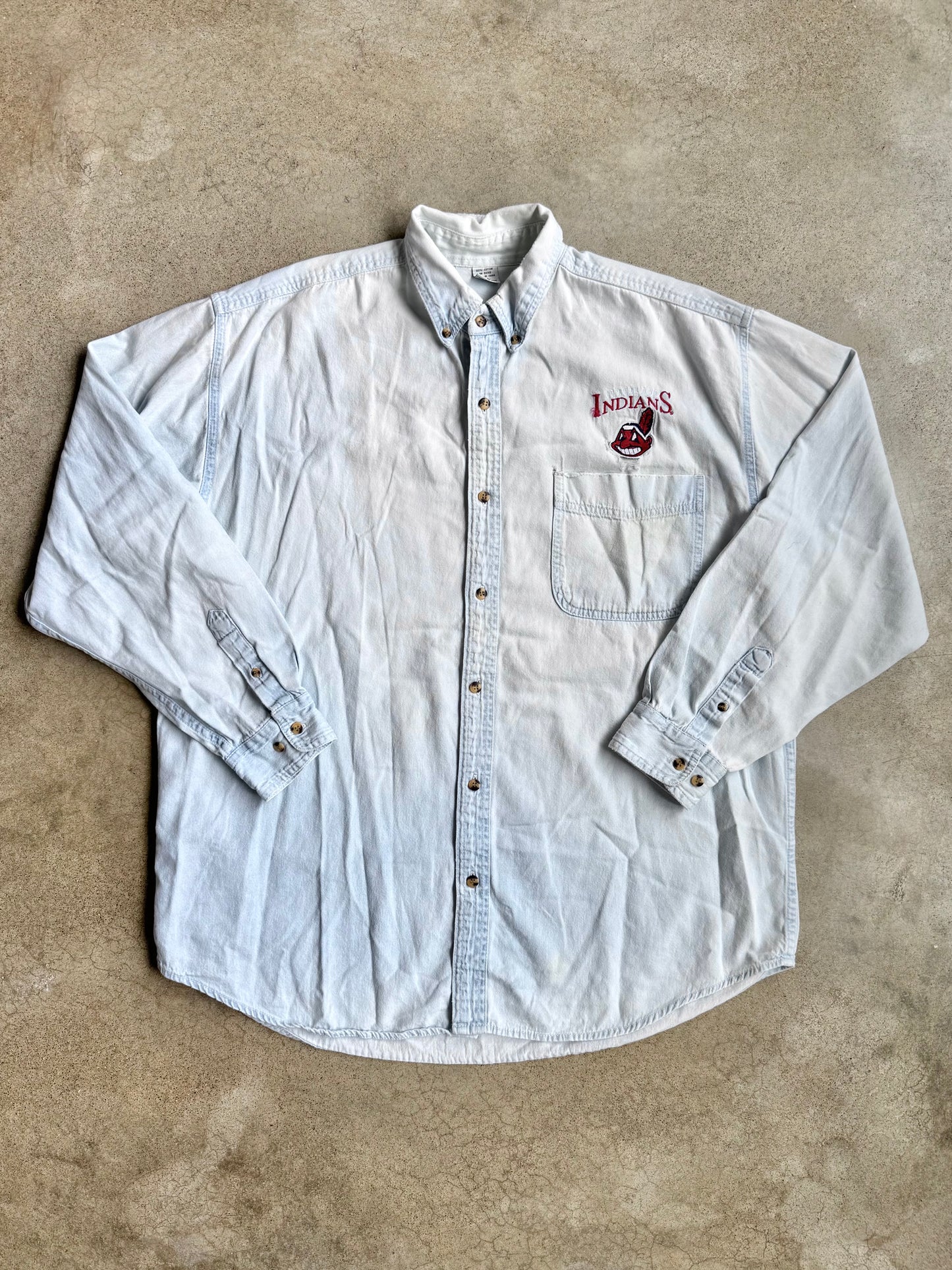 Vintage 1990s Cleveland Indians Worn Denim Button-Down Shirt | Large