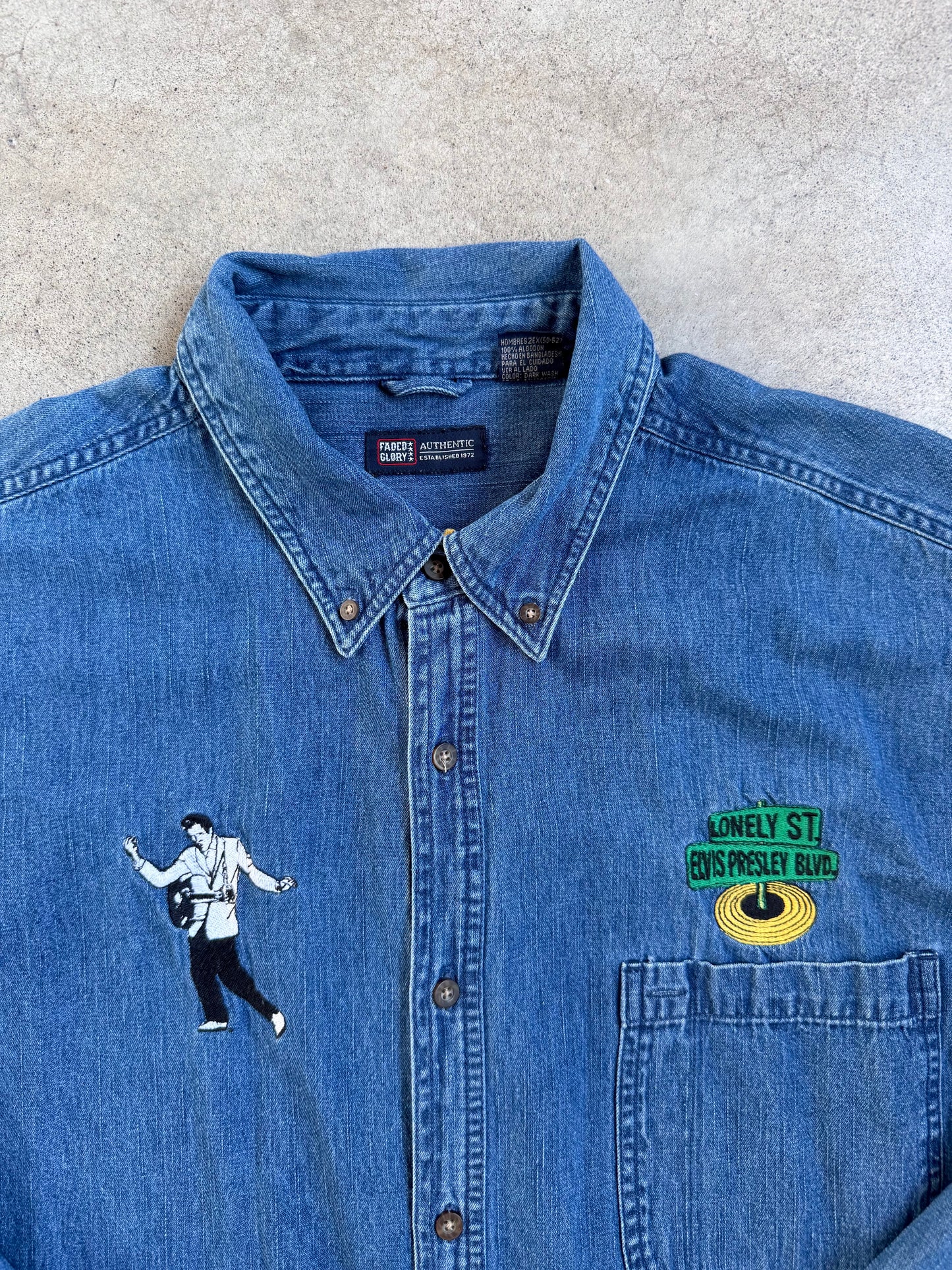 Vintage 1990s Elvis Presley "Treat Me Nice" Embroidered Denim Shirt | XXL