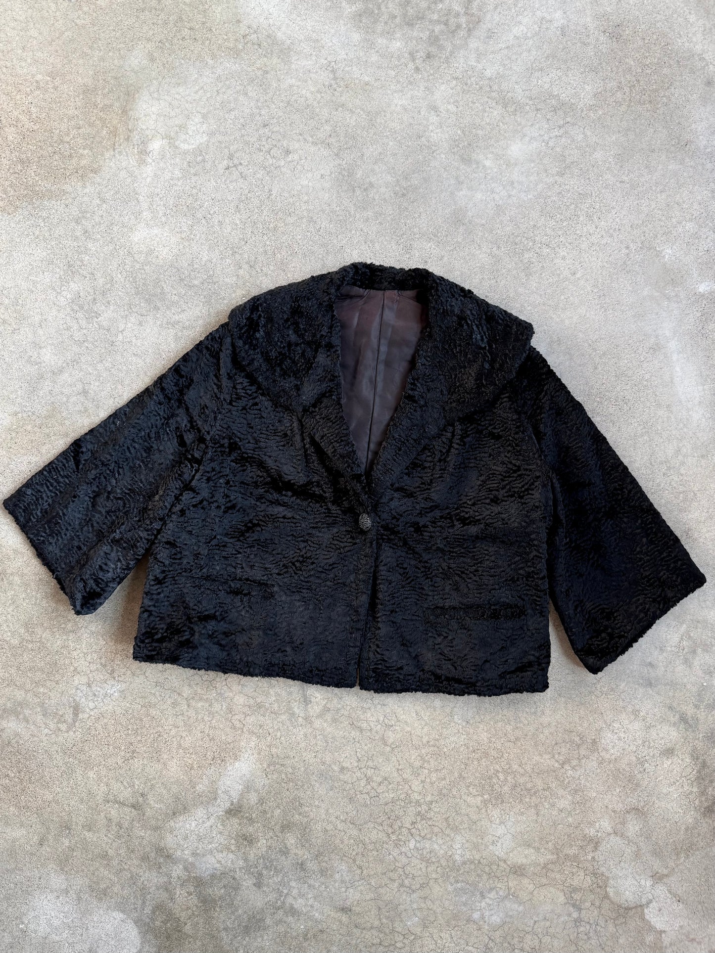 Vintage 1950s Black Persian Curly Wool Cropped Swing Jacket | Large