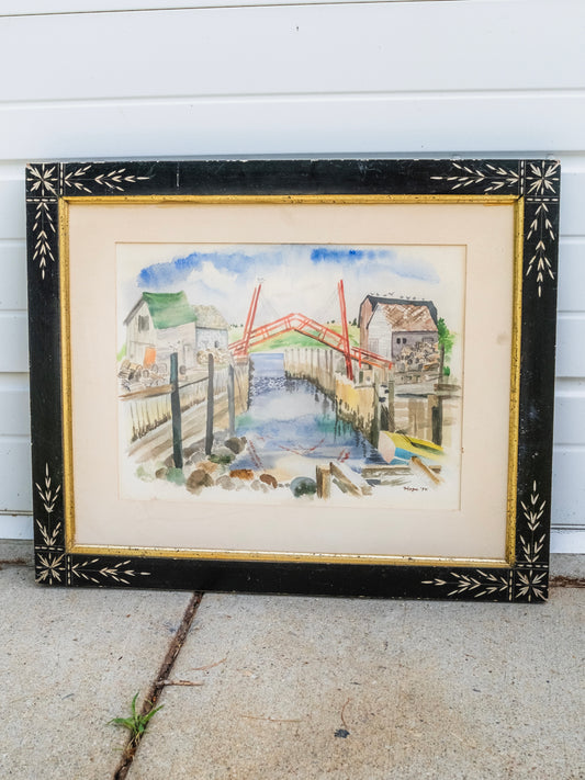 Vintage 1970s Framed "Bridge Over Water" Watercolor Artwork | Signed