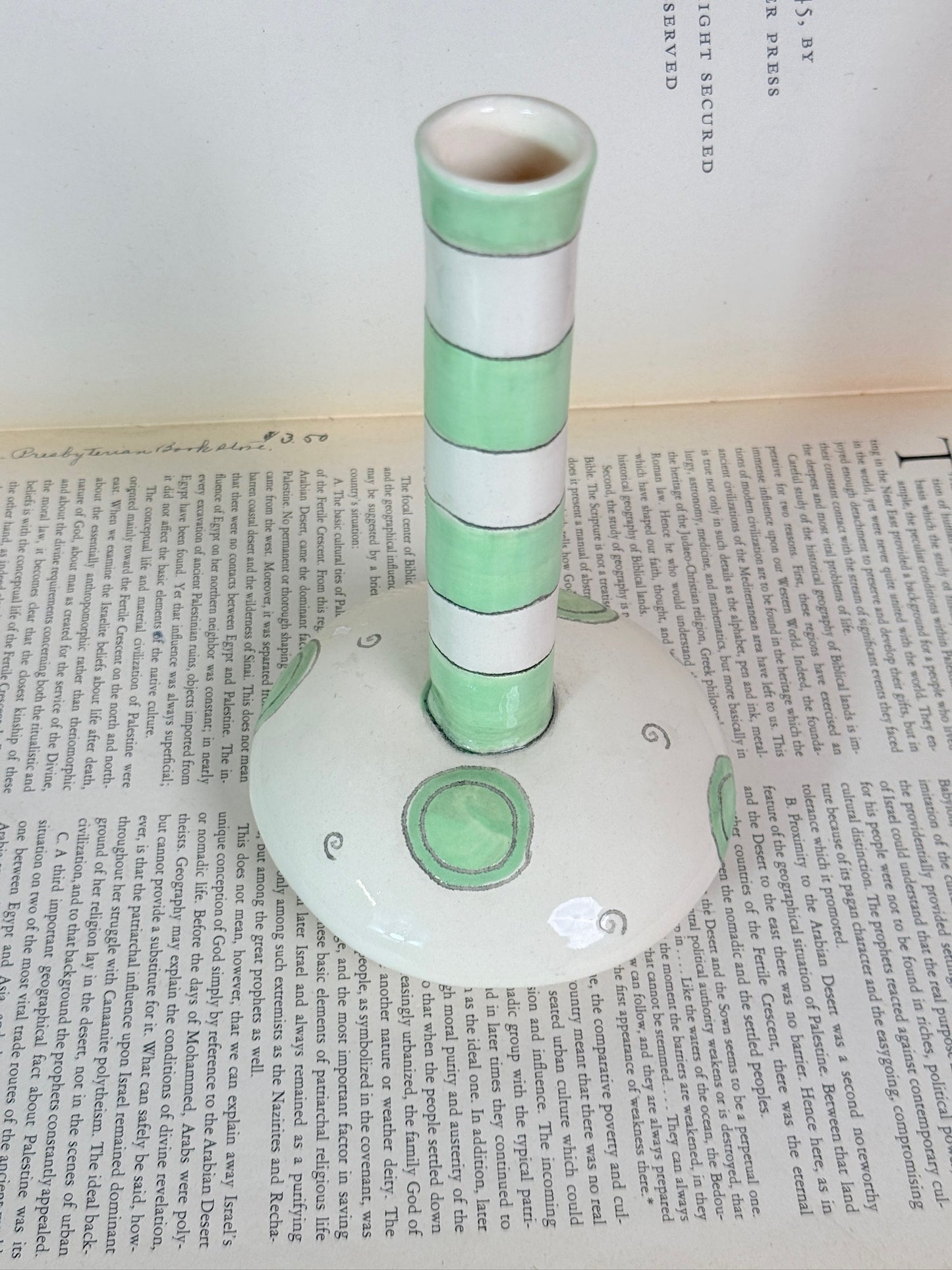 Vintage 1980s Handmade Signed Green Striped Flower Vase