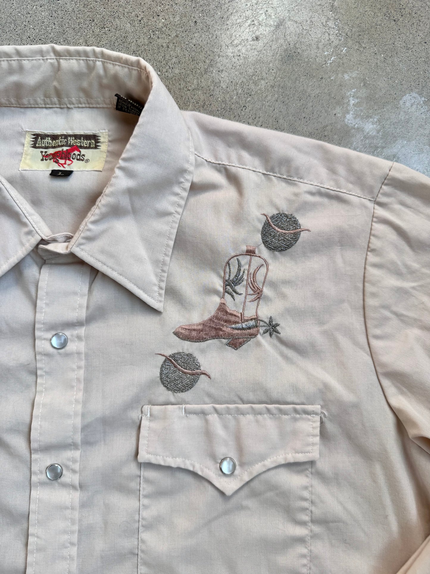 Vintage 1970s Youngbloods Western Boot Embroidered Pearl Snap Shirt | Large