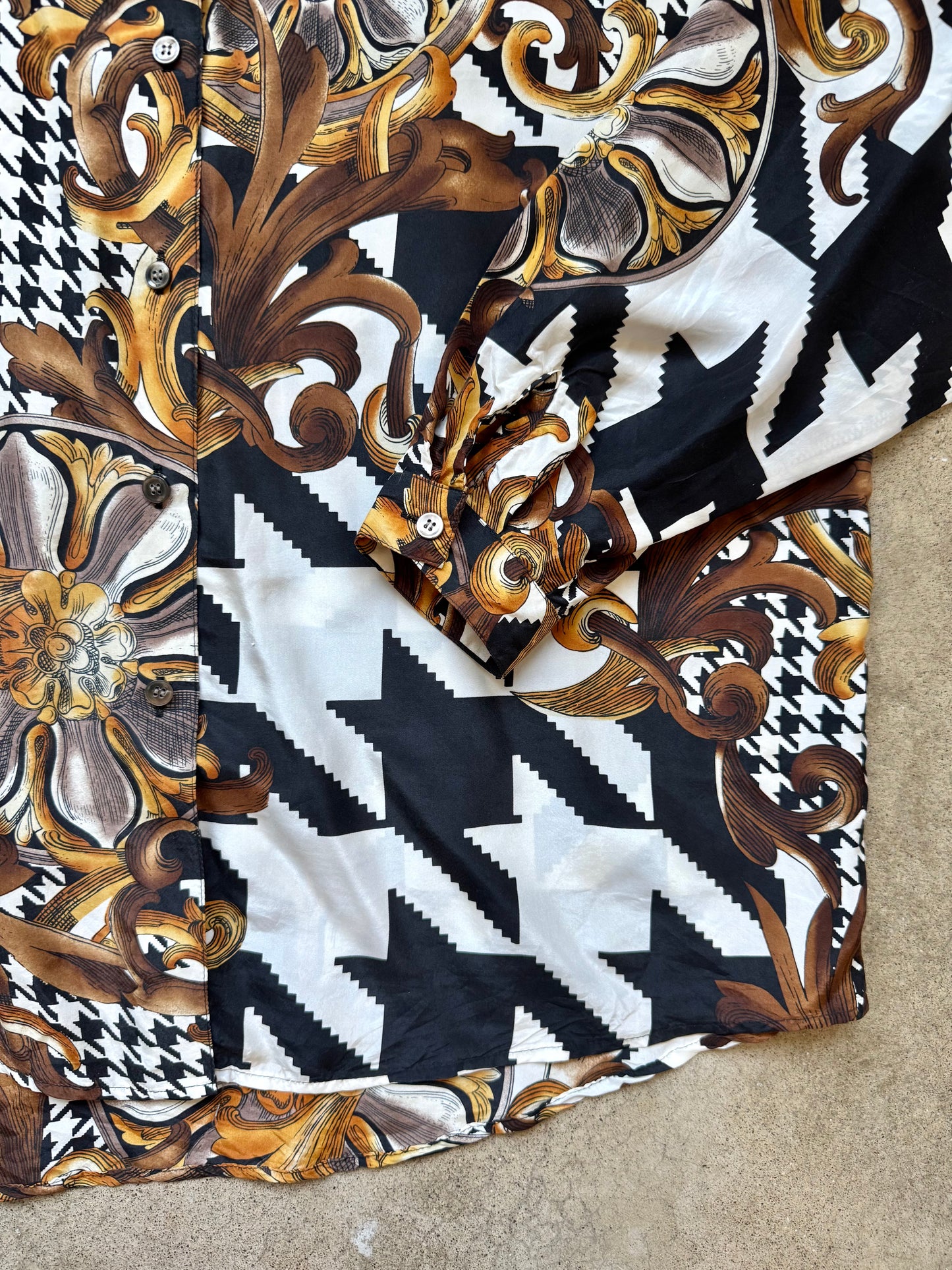 Vintage 1980s/90s Express Baroque Houndstooth Printed Silk Blouse | Medium