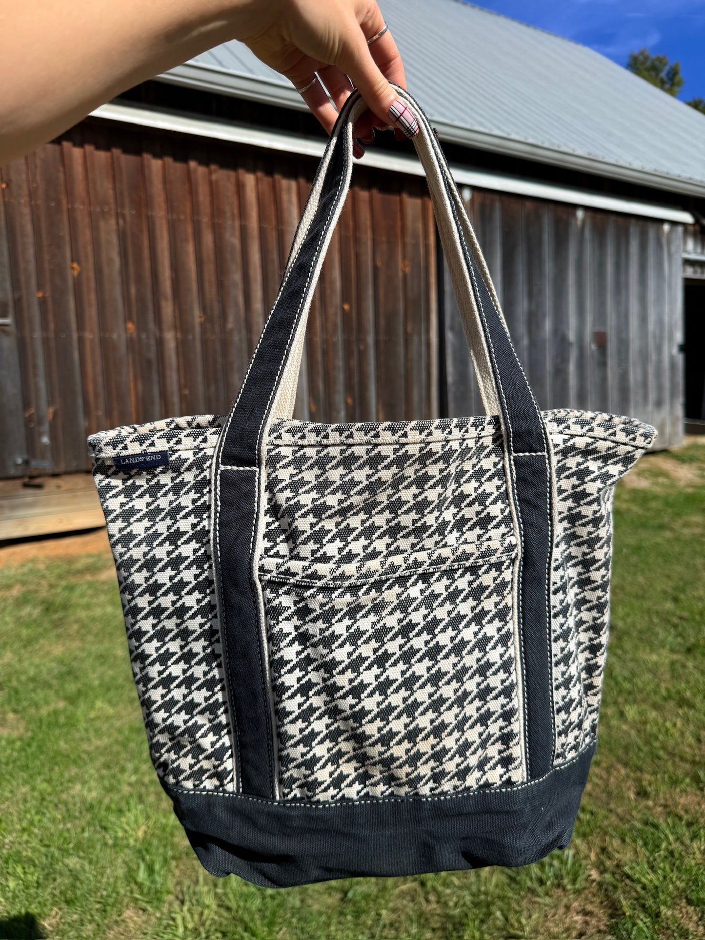 Lands' End Black & White Houndstooth Canvas Tote Bag