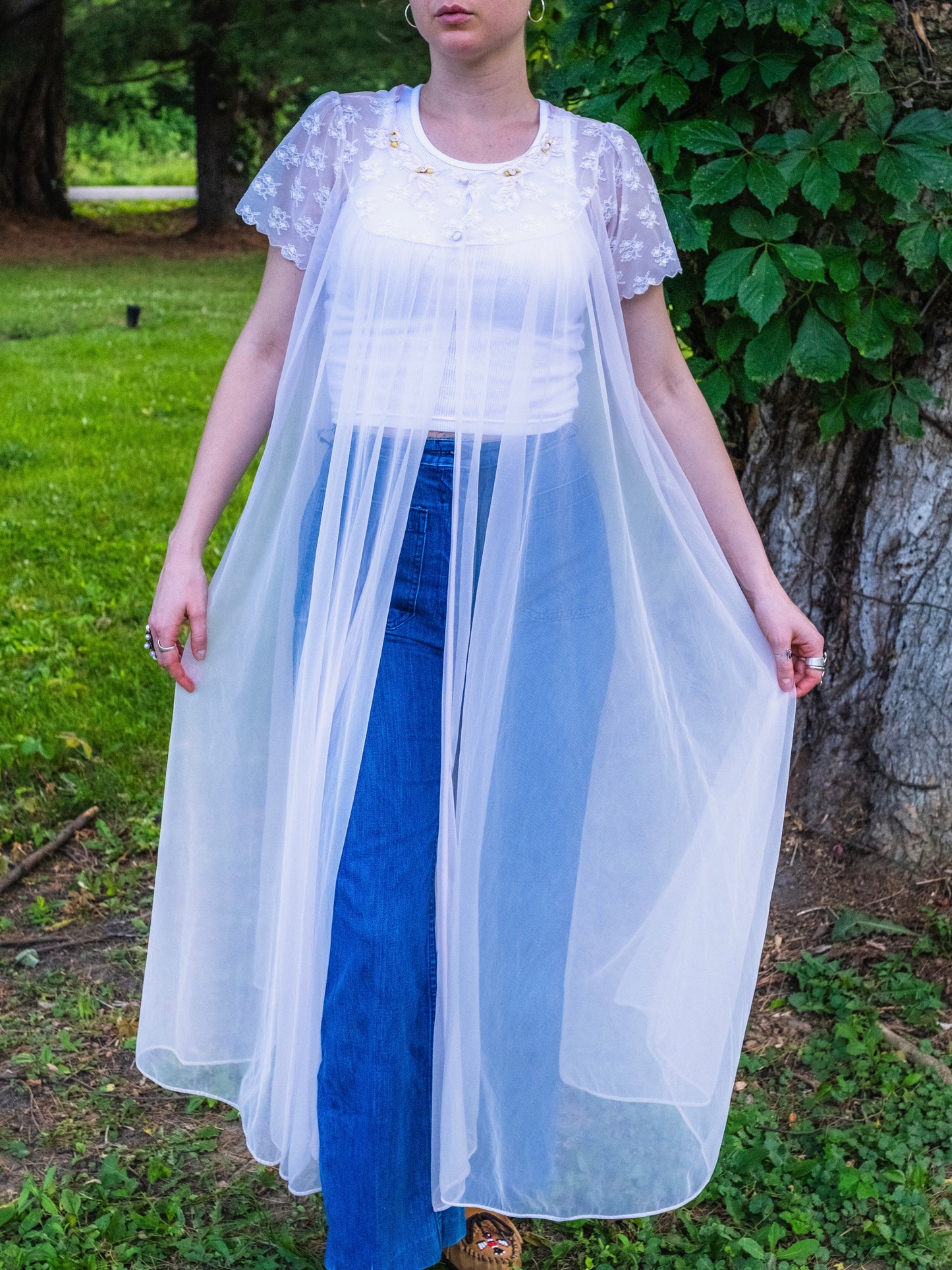 Vintage 1970s Pale Pink Sheer Short Sleeve House Coat | Medium