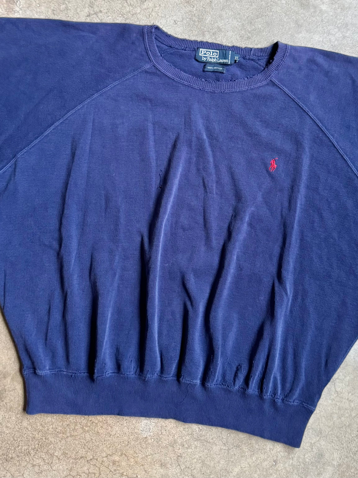 Vintage 1990s Polo Ralph Lauren Distressed Navy Short Sleeve Sweatshirt | XL