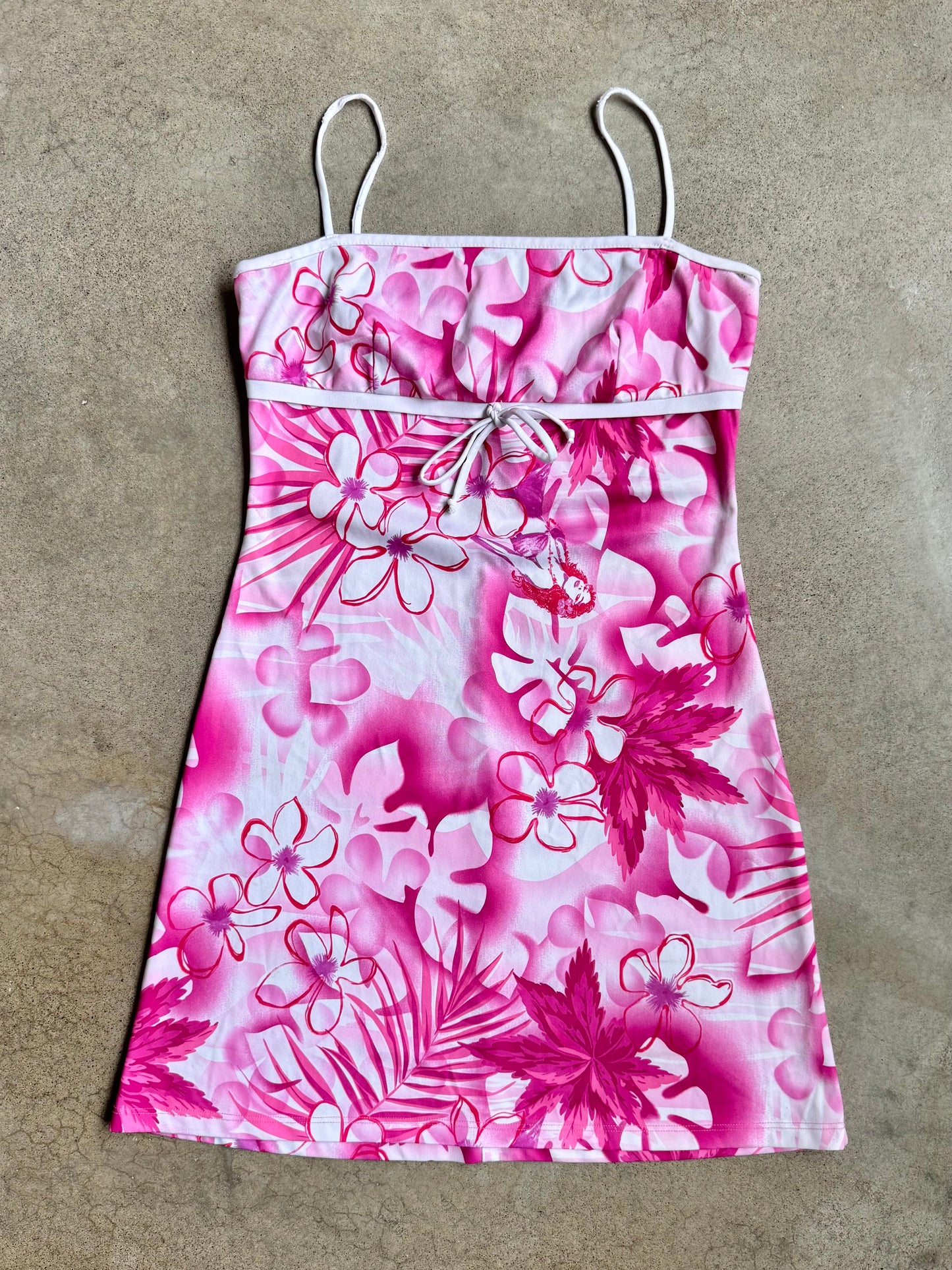 Vintage 1990s Pulse Pink & White Hawaiian Floral Print Mini Dress | Large