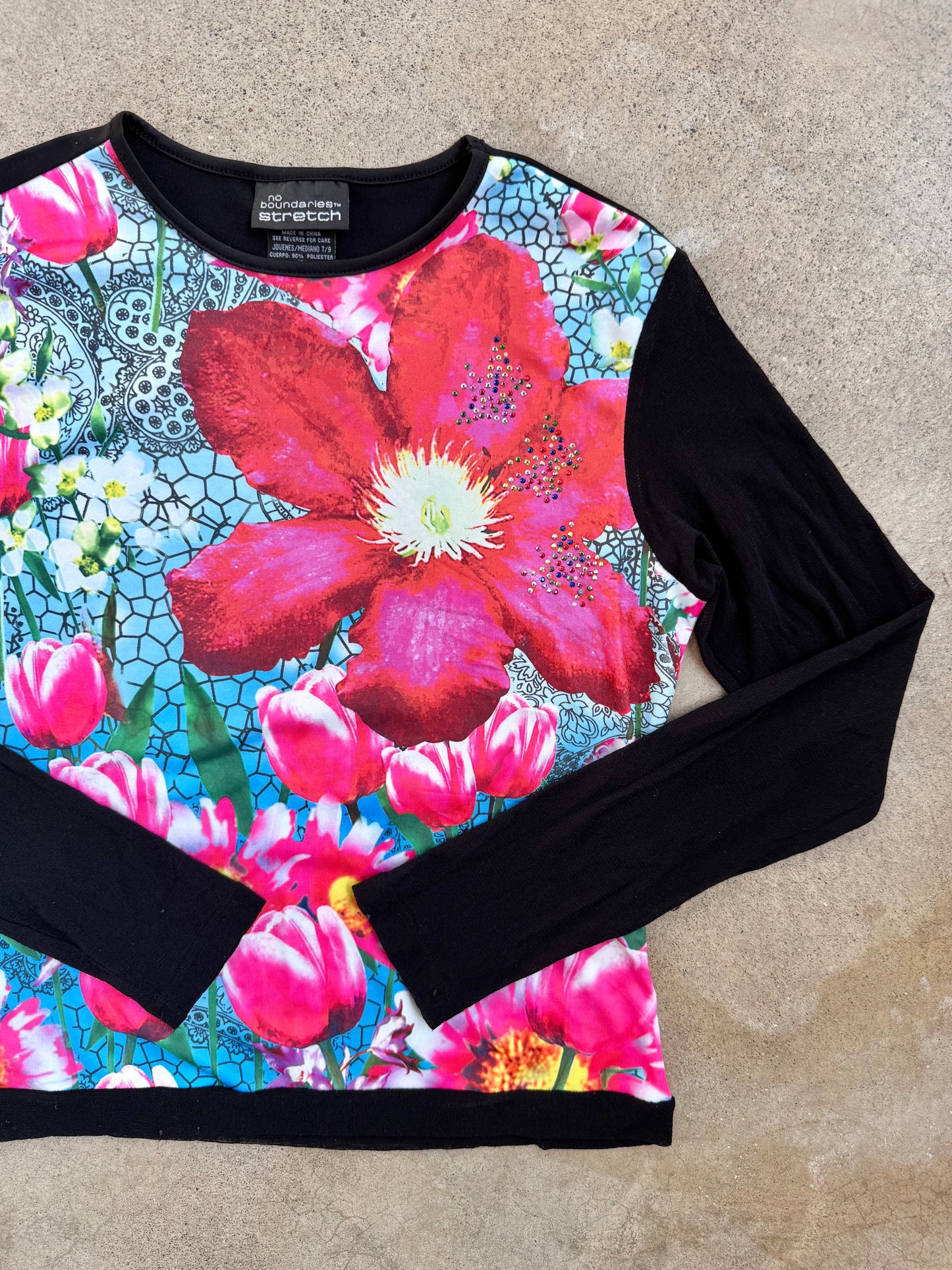Vintage 1990s No Boundaries Mesh Sleeve "Flower Power" Top | Medium