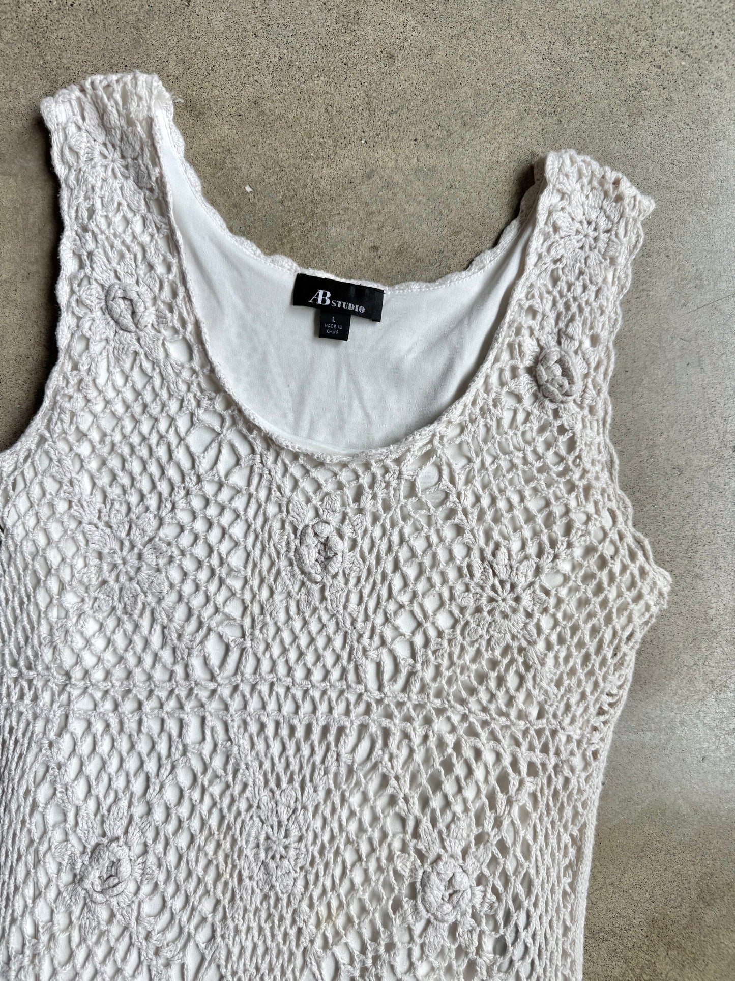 Vintage 1990s A.B. Studio White Crochet Tank Top | Large
