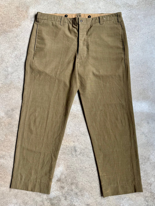 Vintage 1940s WW2 Military Issue Green Khaki Wool Trousers | Waist 42”
