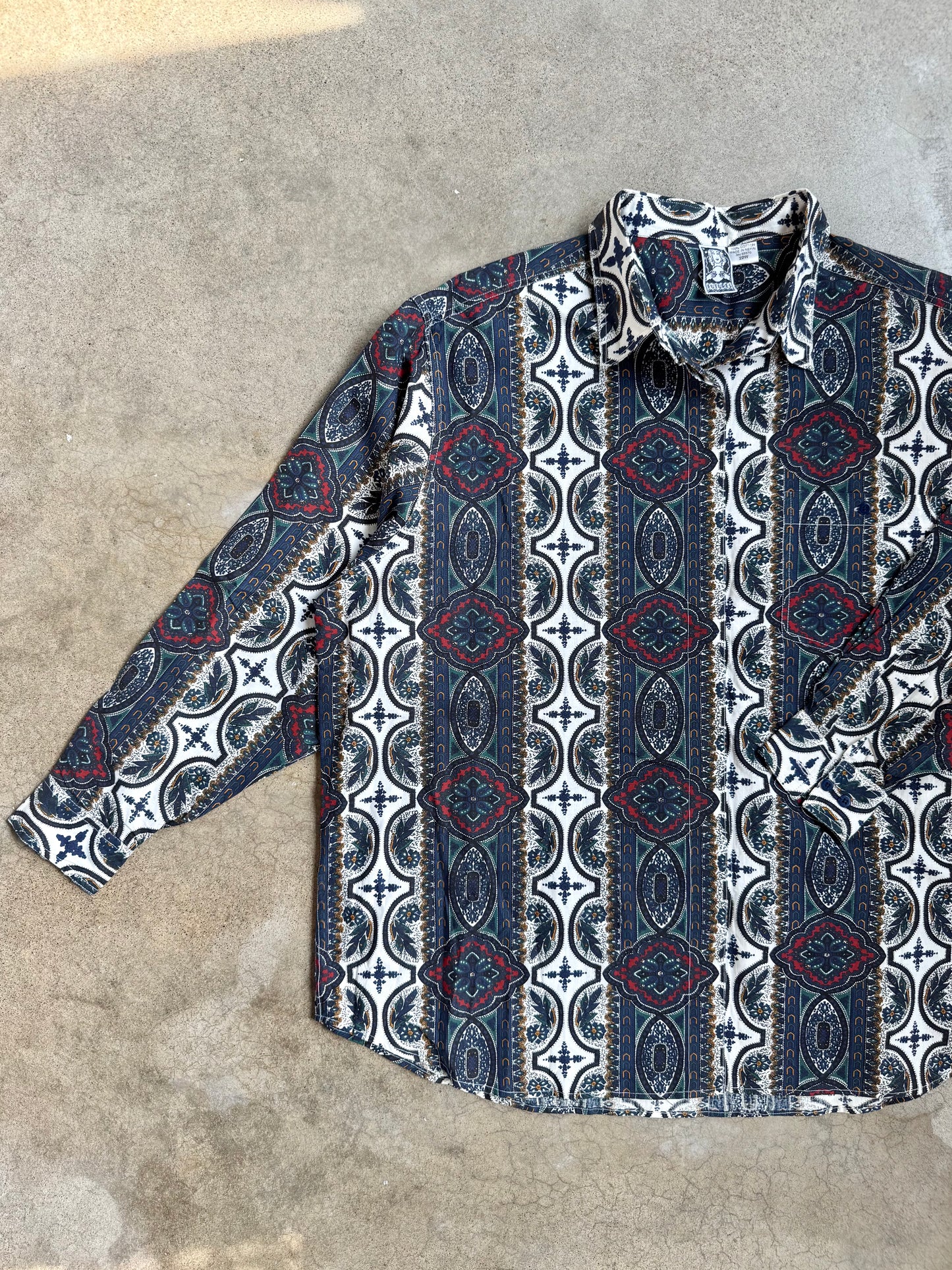 Vintage 1990s Futures Navy Floral Medallion Print Cotton Button-Up Shirt | 3XL