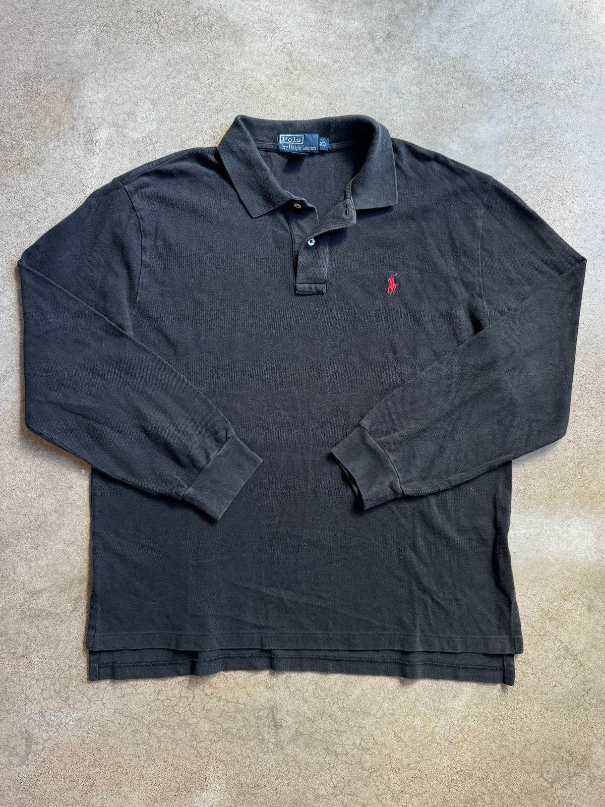 Vintage 1990s Polo Ralph Lauren Black Cotton Long Sleeve Polo Shirt | XL