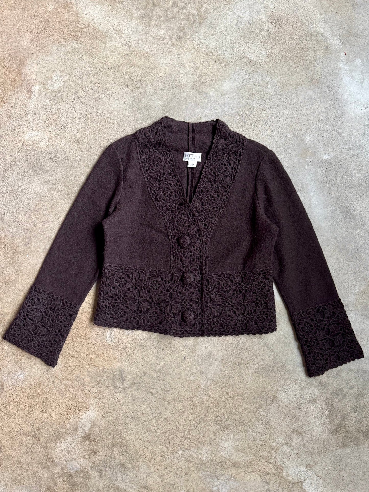 2000s Talbots Collection Brown Wool Crochet Trim Cardigan | Large