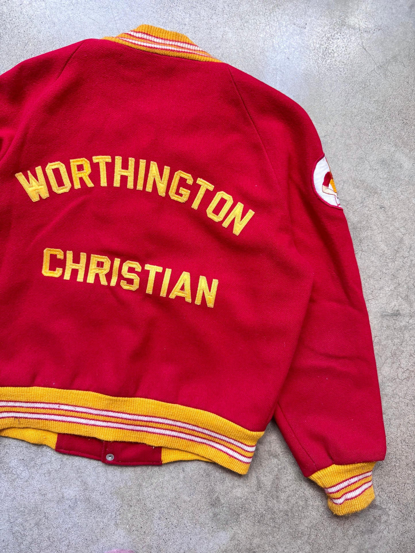 Vintage 1981 Worthington Christian Red & Gold Wool Letterman Varsity Jacket | Large