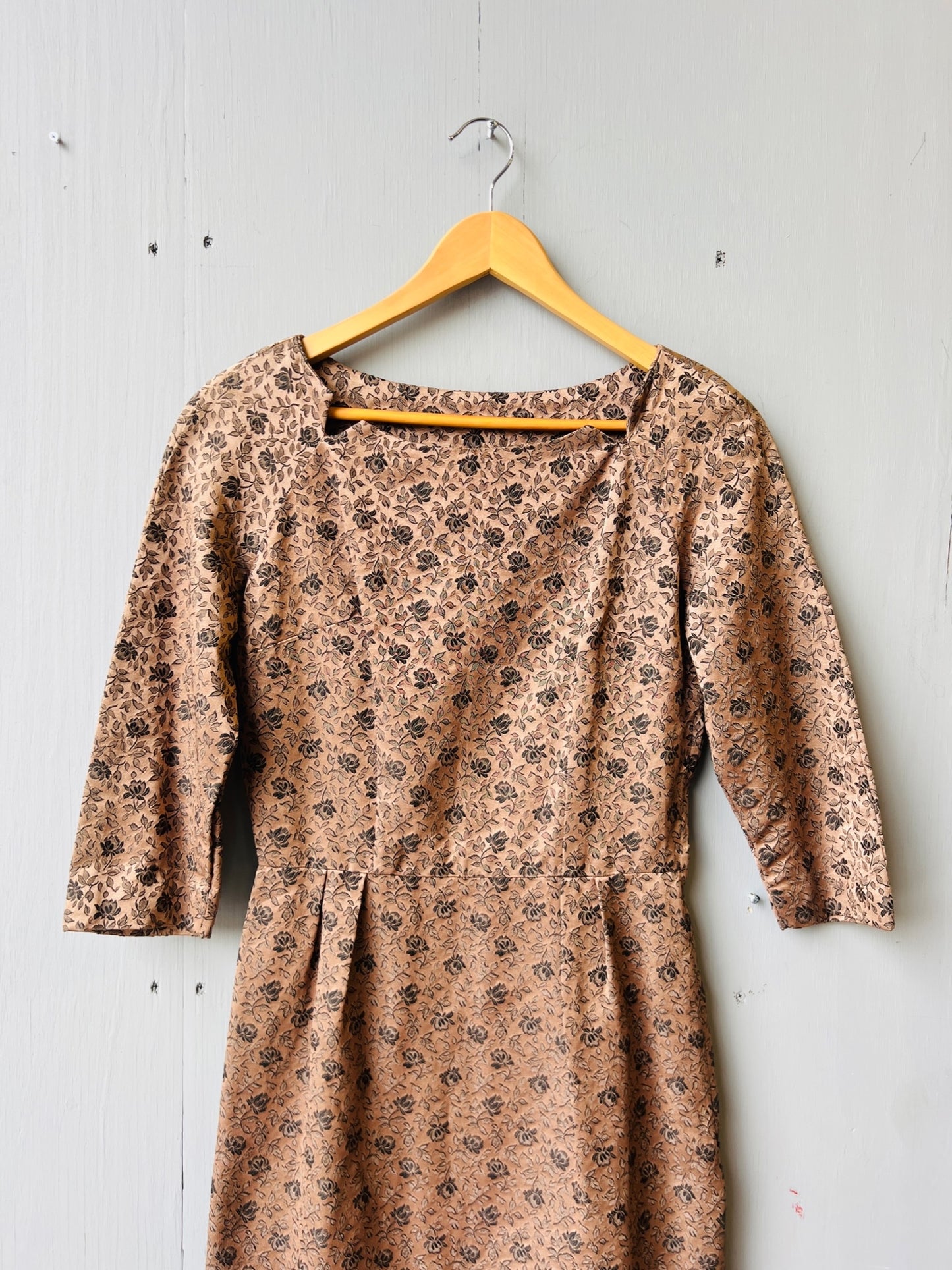 Vintage 1950’s Handmade Brown & Black Floral Scoop Neck Dress