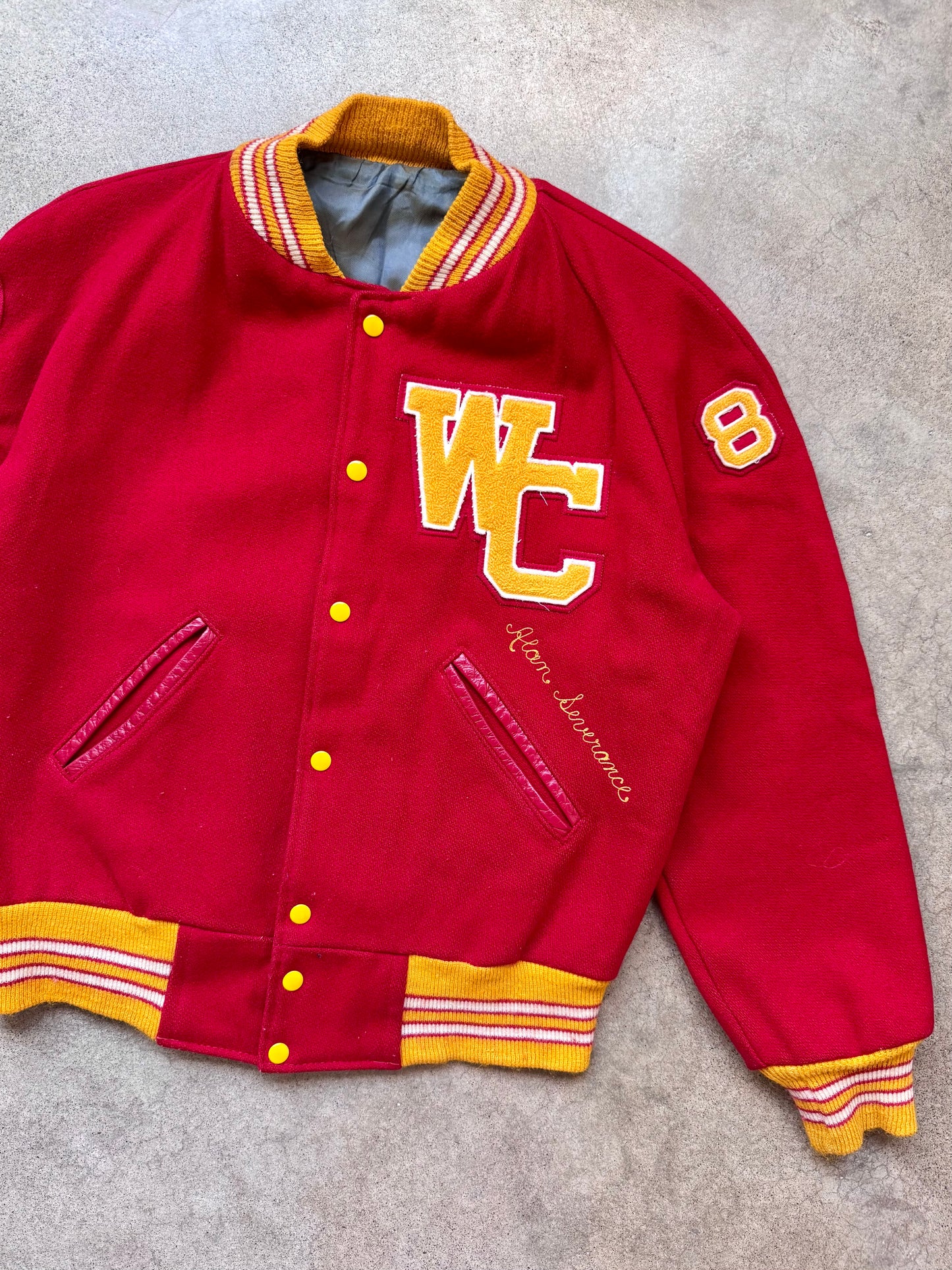 Vintage 1981 Worthington Christian Red & Gold Wool Letterman Varsity Jacket | Large