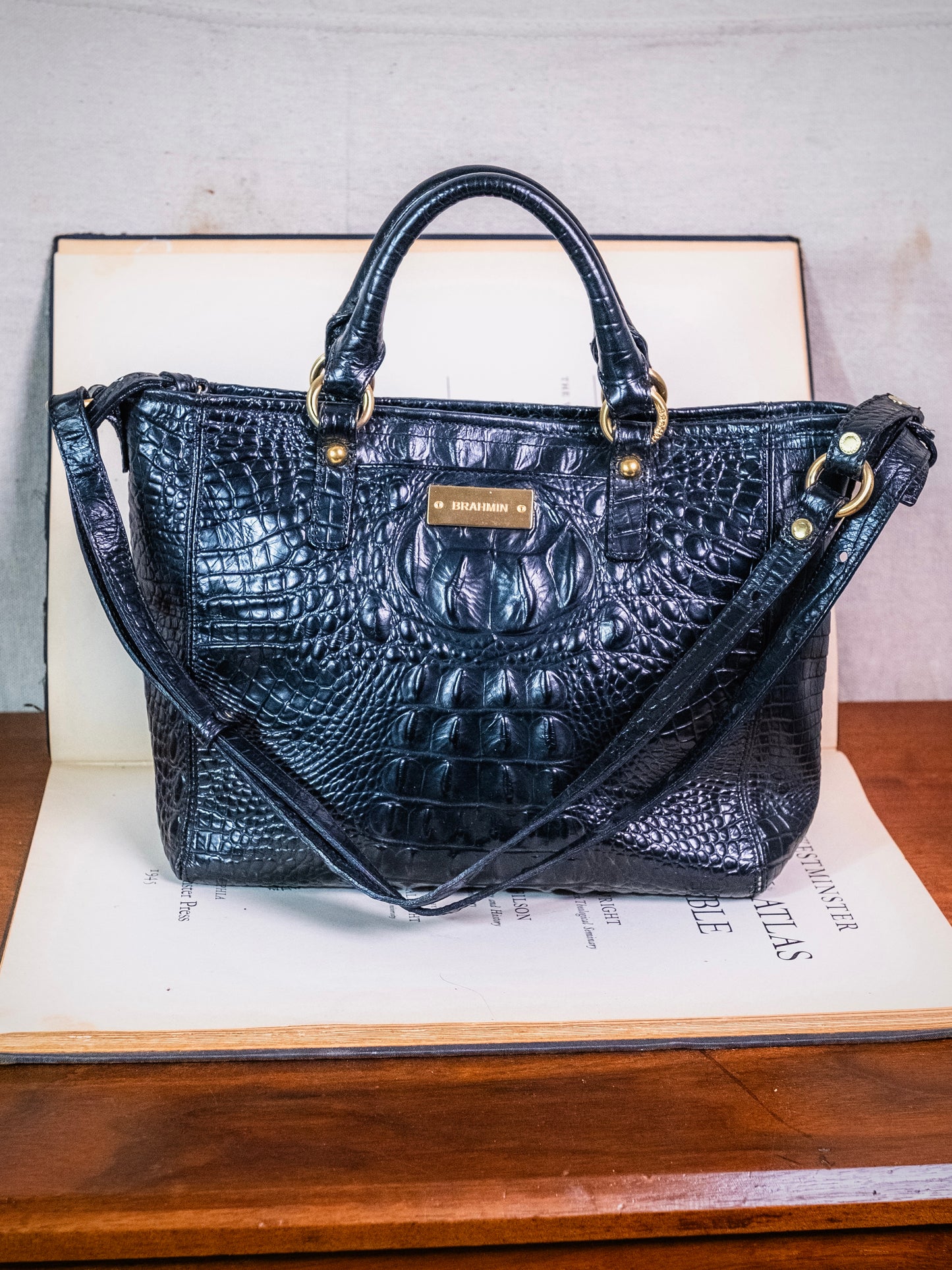 Brahmin Mini Arno Tote Black Croc Embossed Leather Bag