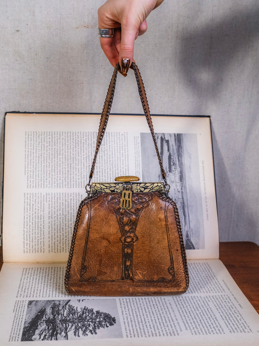 Antique 1917 Art Nouveau Floral Tooled Leather Handbag