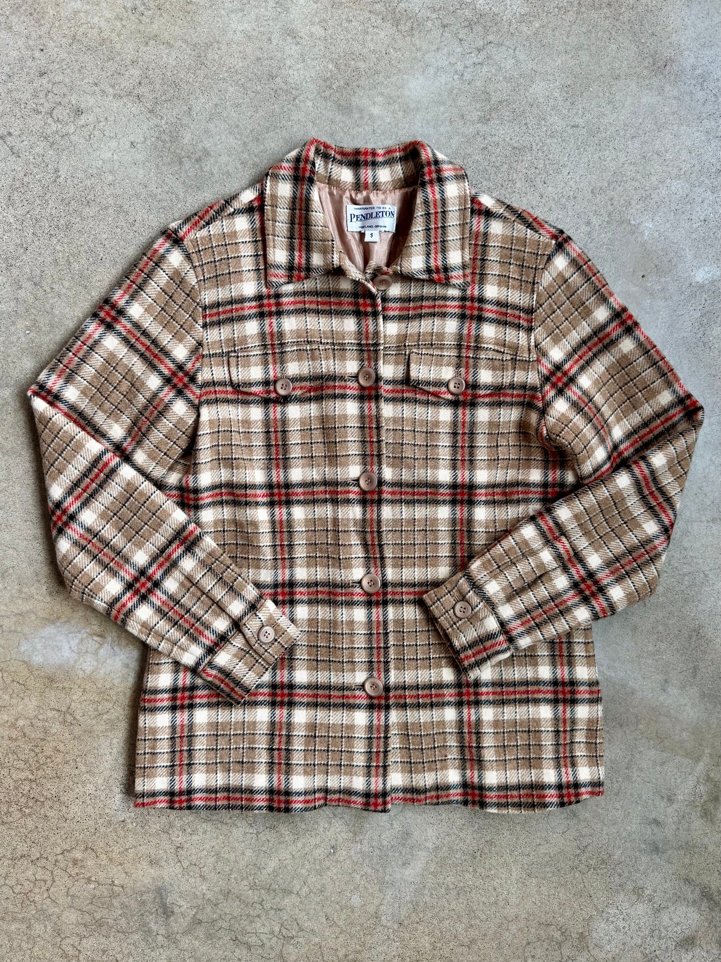 Vintage 1990s Pendleton Tan & Red Plaid Wool Shirt Jacket | Small