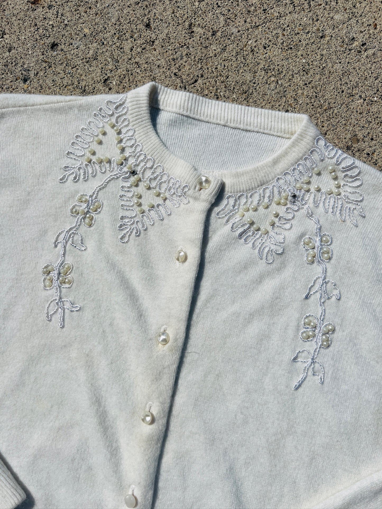 Vintage 1950s White Beaded Cashmere Cardigan | S/M