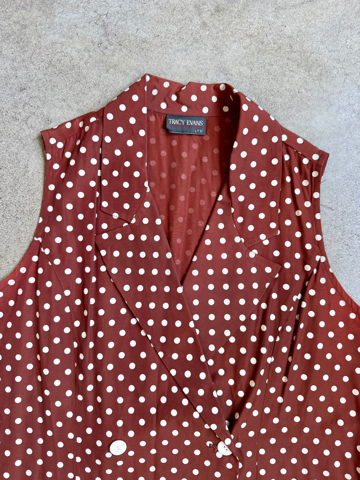Vintage Tracy Evans Brown & White Polka Dot Sleeveless Blouse | Large