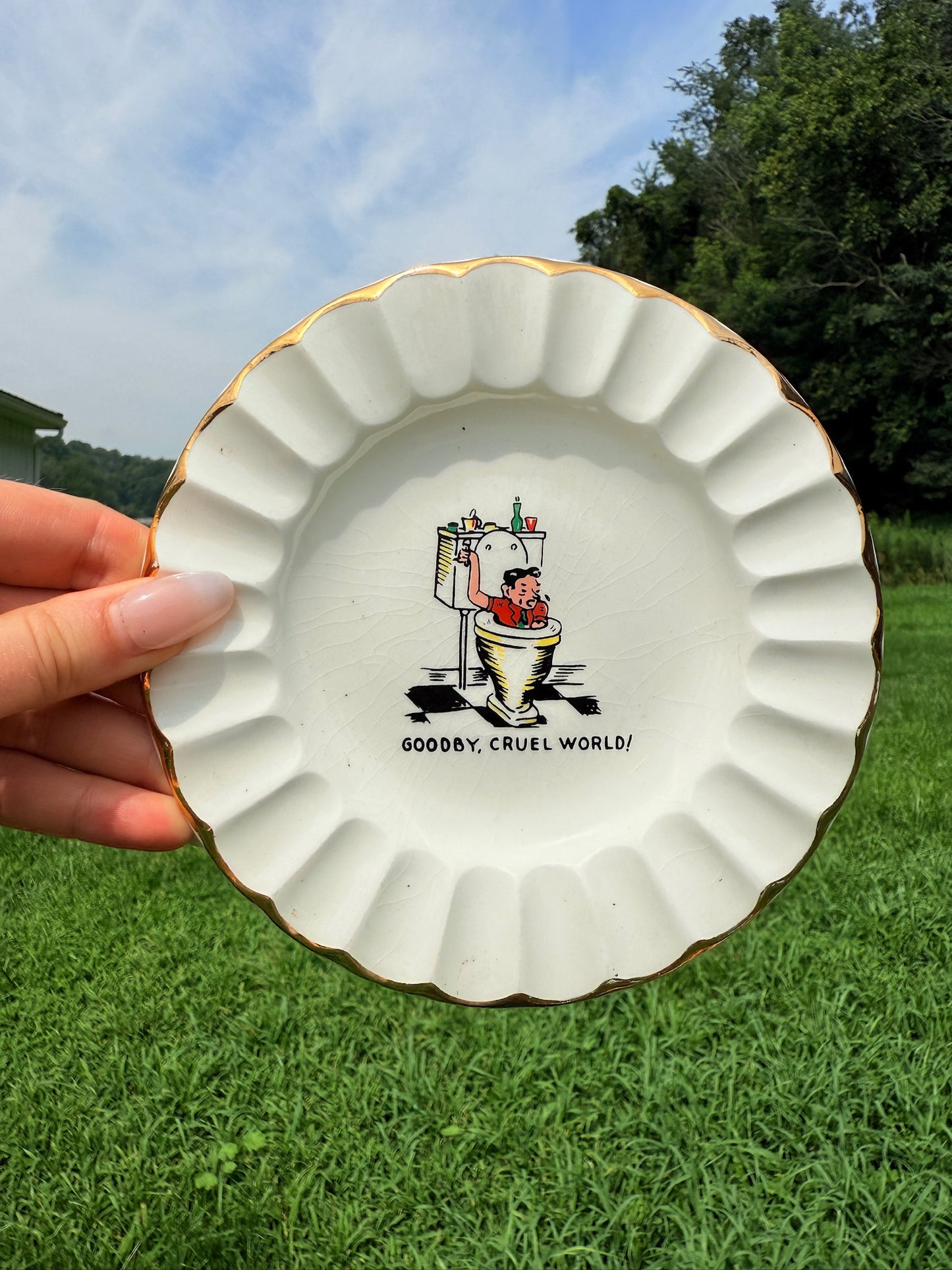 Vintage 1950s "Goodbye, Cruel World" Ceramic Ashtray