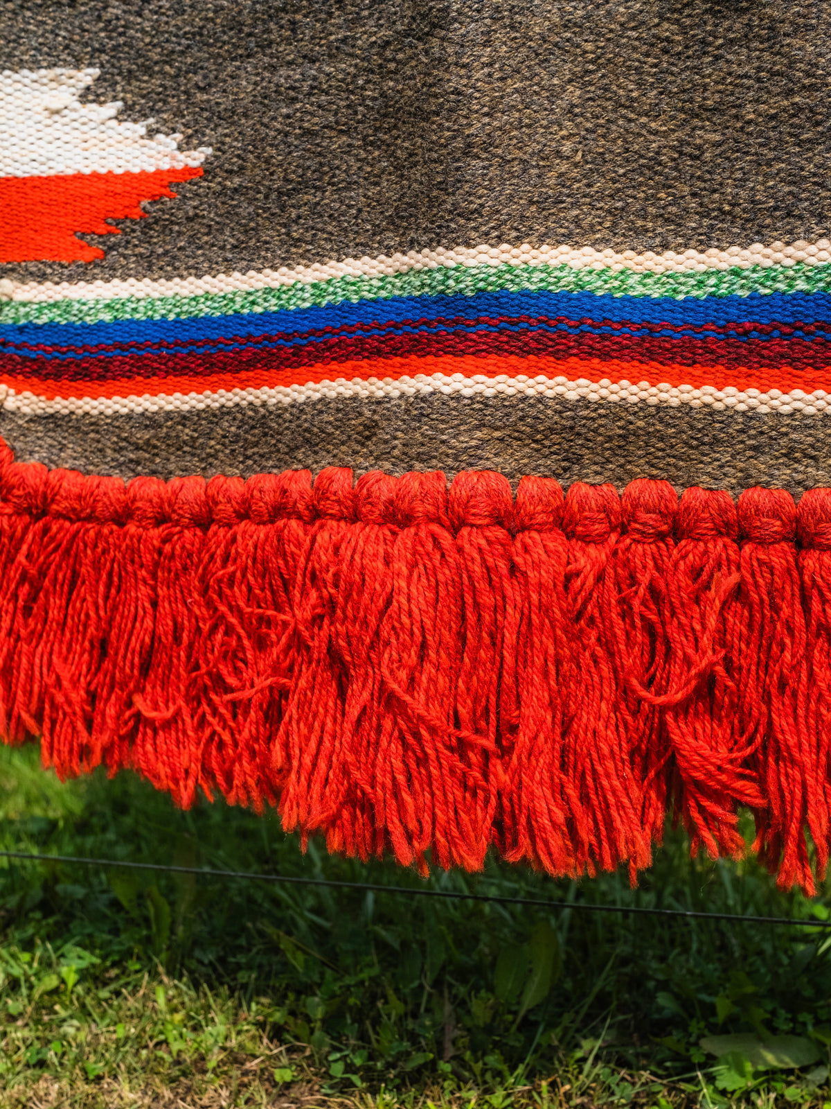 Vintage Southwestern Woven Wool Fringe Trim Chimayo Rug