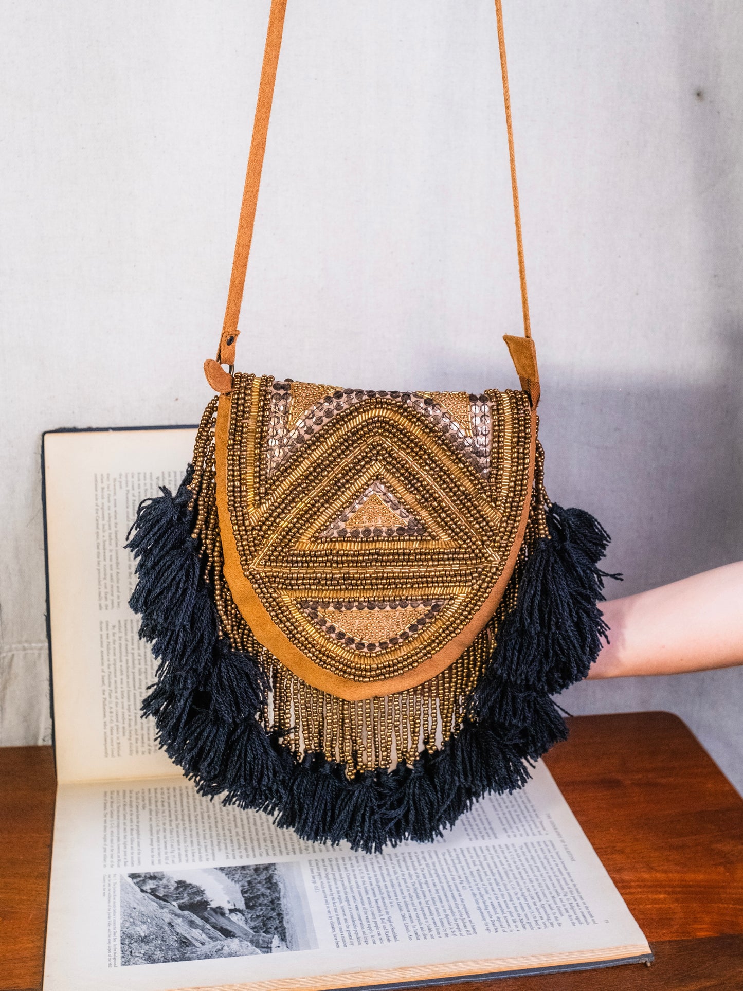 Vintage Bohemian Beaded Tassel Fringe Suede Crossbody Bag