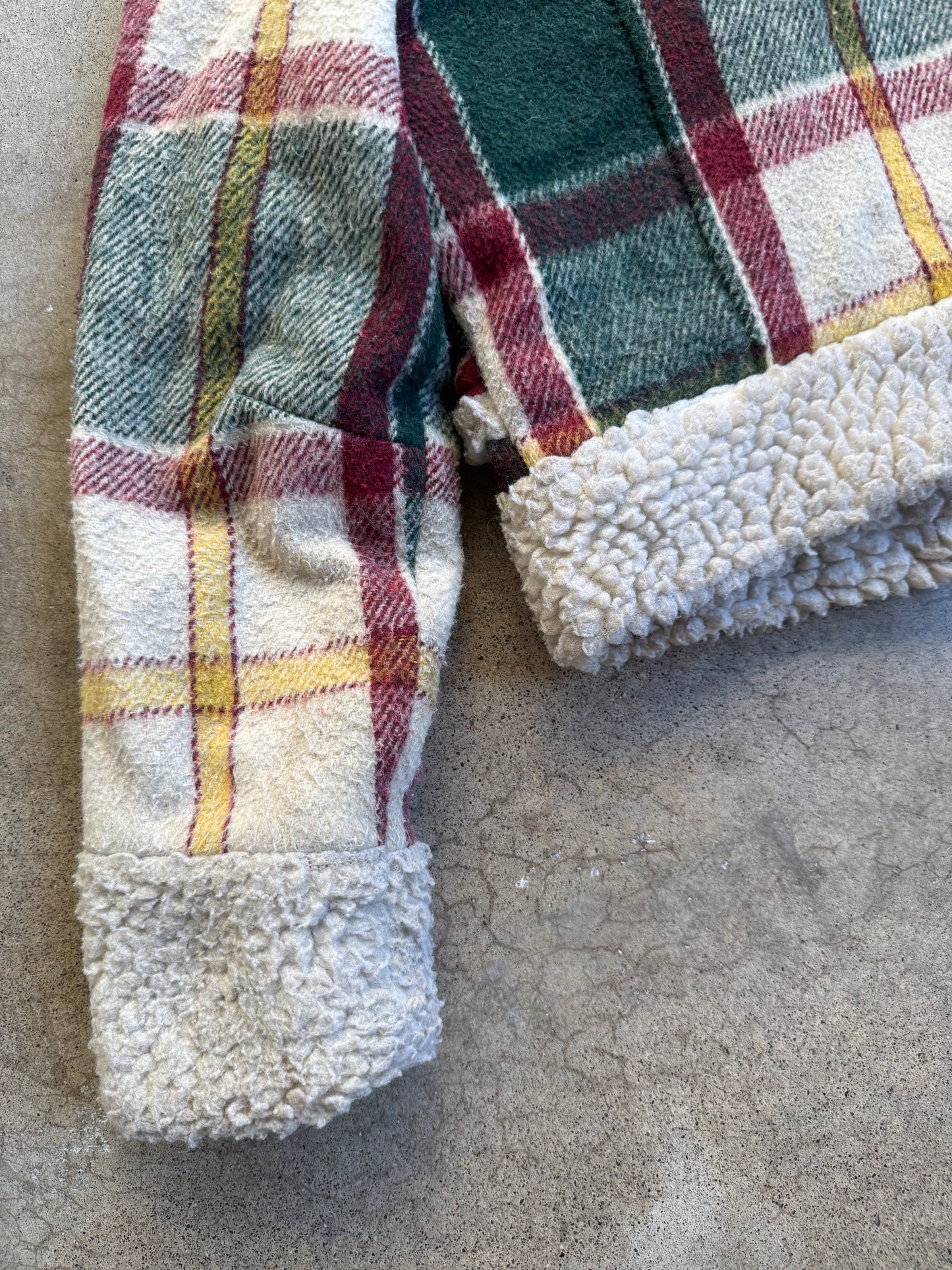 Vintage 1970s Green & Red Plaid Sherpa Lined Cropped Jacket | XS