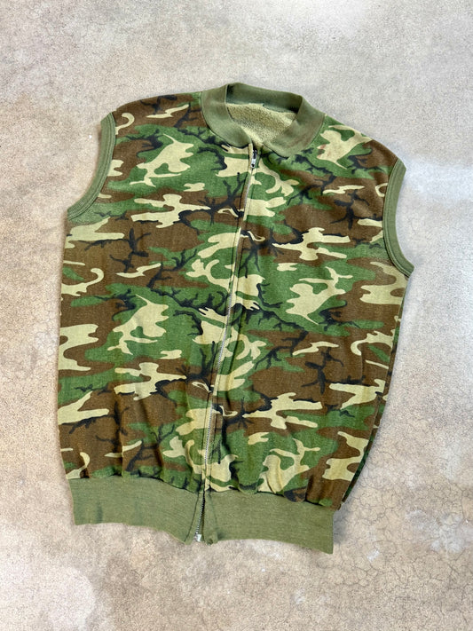 Vintage 1980s Green Camouflage Zip-Up Sweatshirt Vest | Large