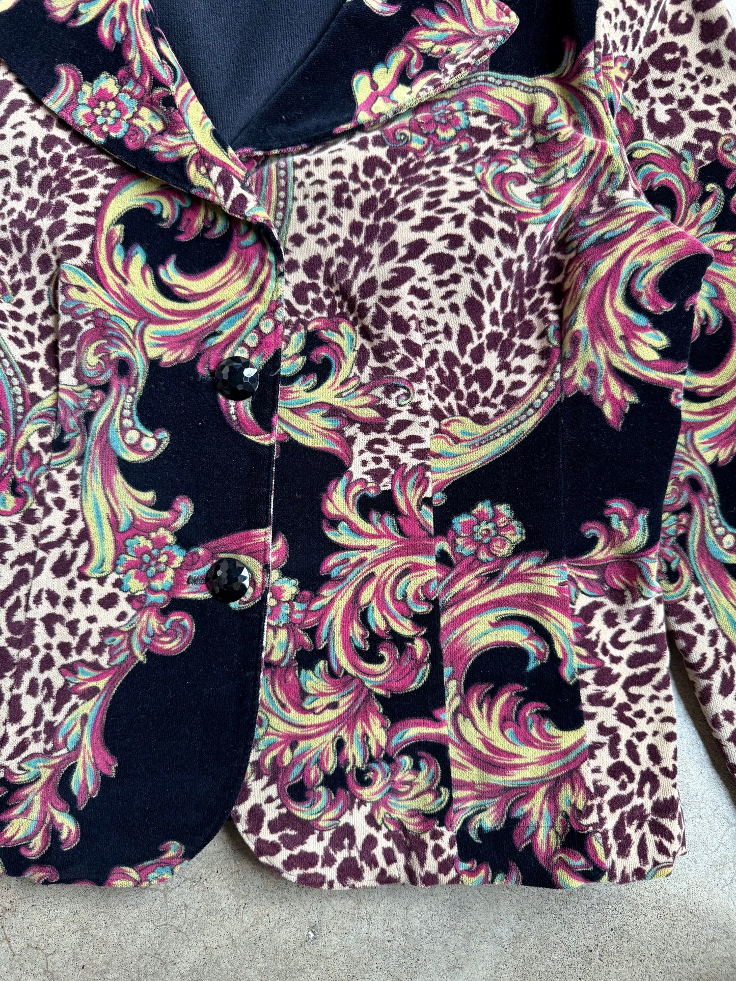 Vintage 1990s Gotcha Covered Paisley & Leopard Print Velvet Blazer | Large