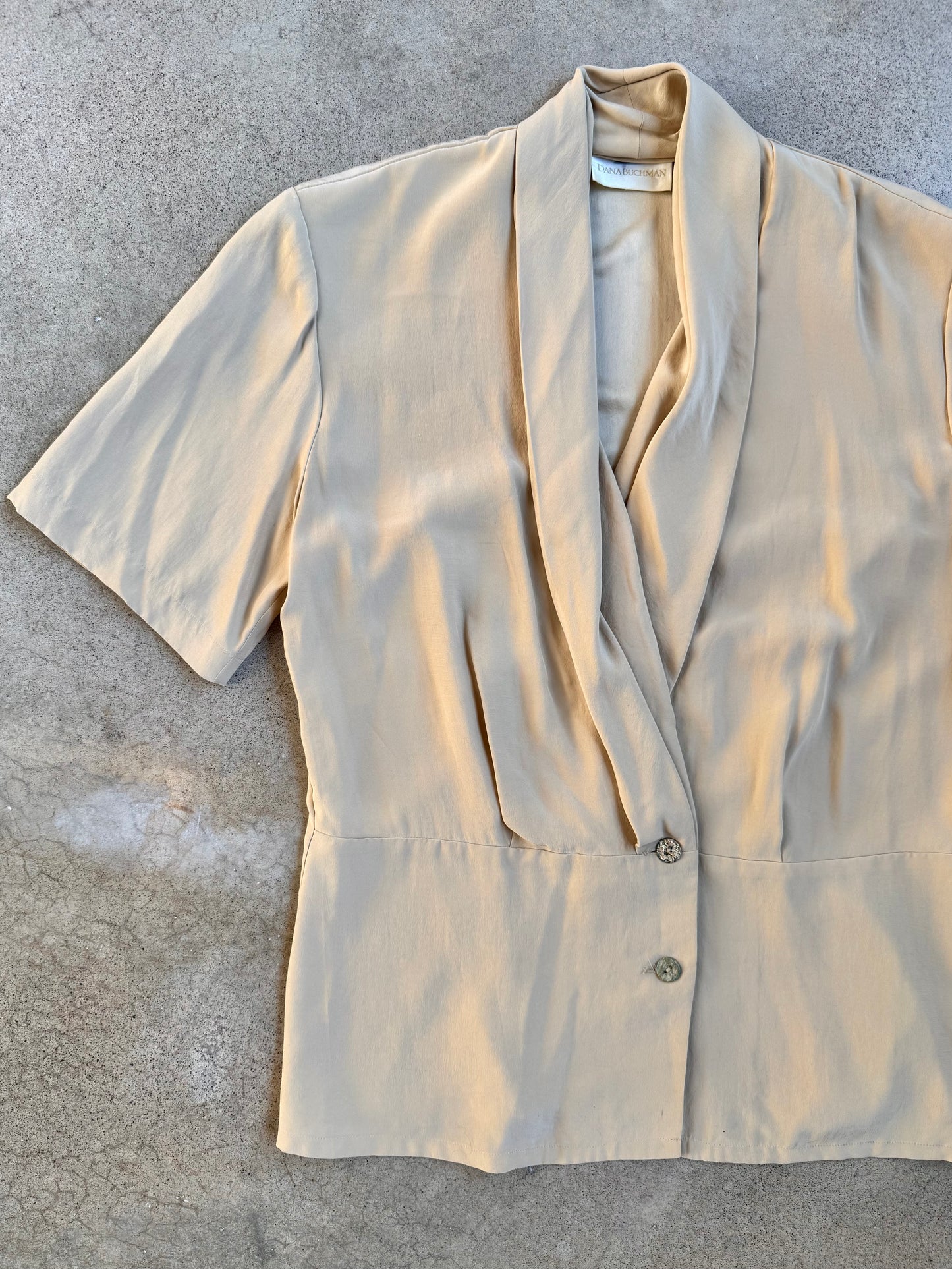 Vintage 1980s/90s Dana Buchman Beige Silk Draped V-Neck Blouse | Medium
