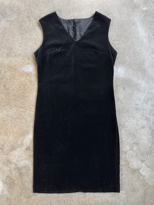 Vintage 1960s Black Velvet V-Neck Sleeveless Dress | S/M