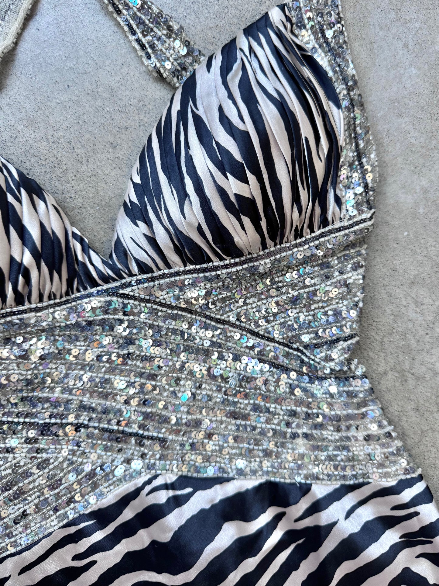 2000s Jovani Satin Zebra Print Sequined Floor Length Formal Dress | Small