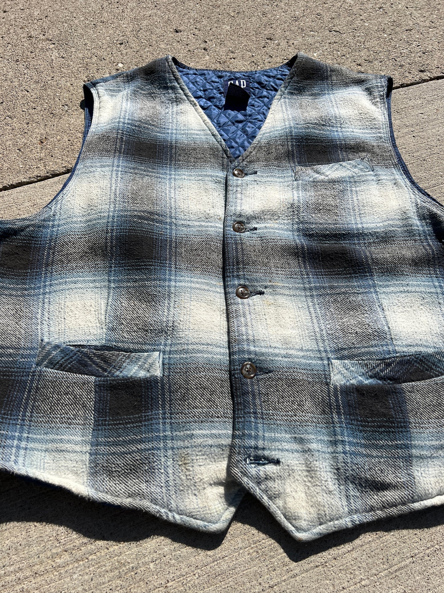 Vintage 1990s Gap Blue Plaid Cotton Vest | XL