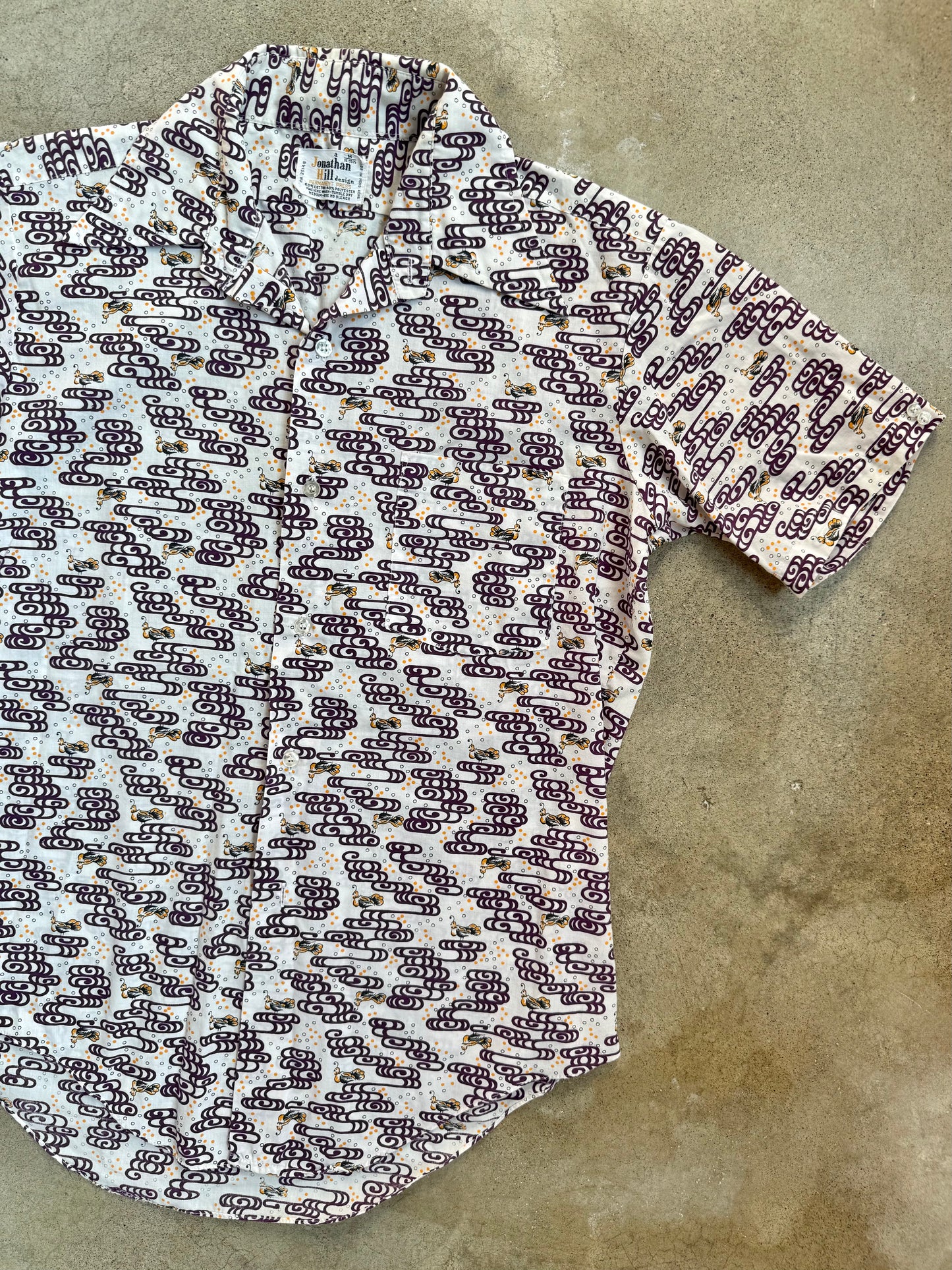 Vintage 1960s Jonathan Hill Bird Pattern Short Sleeve Shirt | Medium