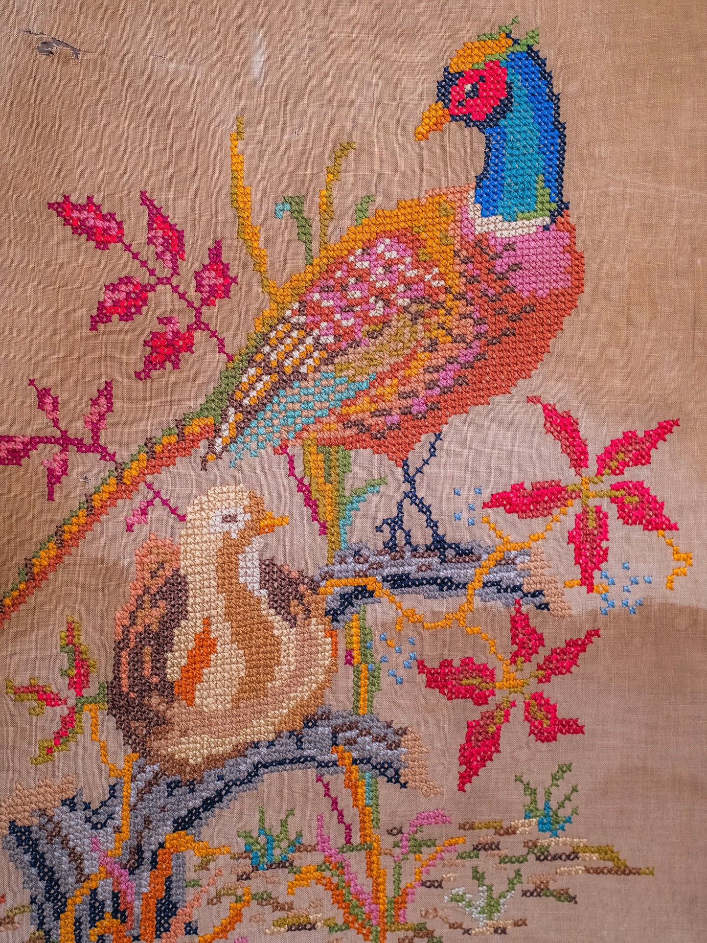 Antique Early 1900s Framed Pair of Pheasants Cross-Stitch Embroidered Wall Art