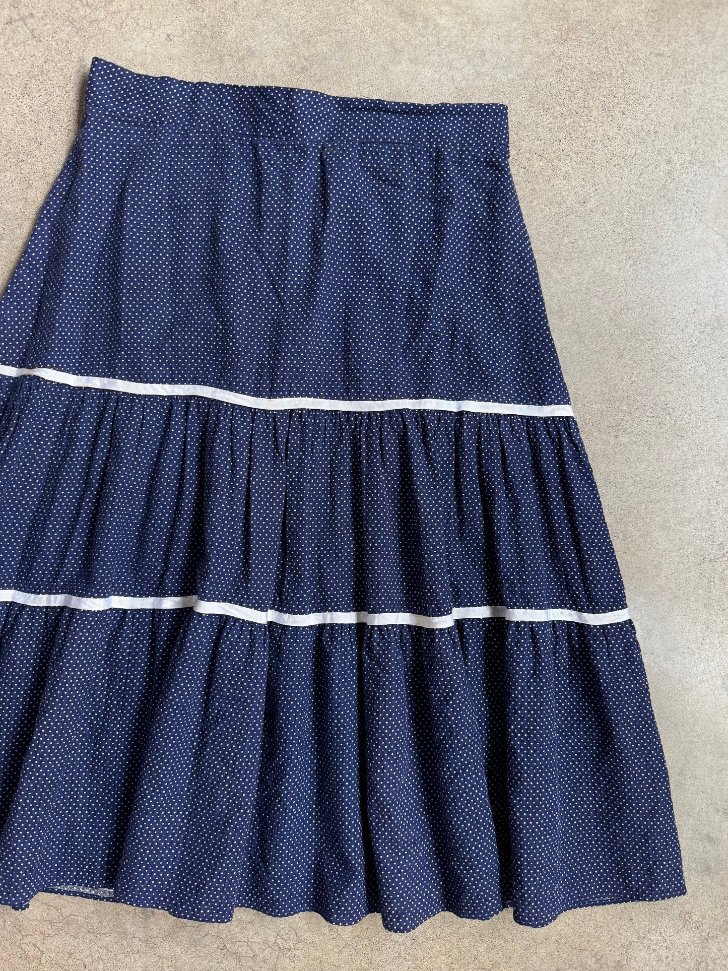 Vintage 1960s Blue & White Polka Dot Cotton Tiered Western Skirt | Waist 30”